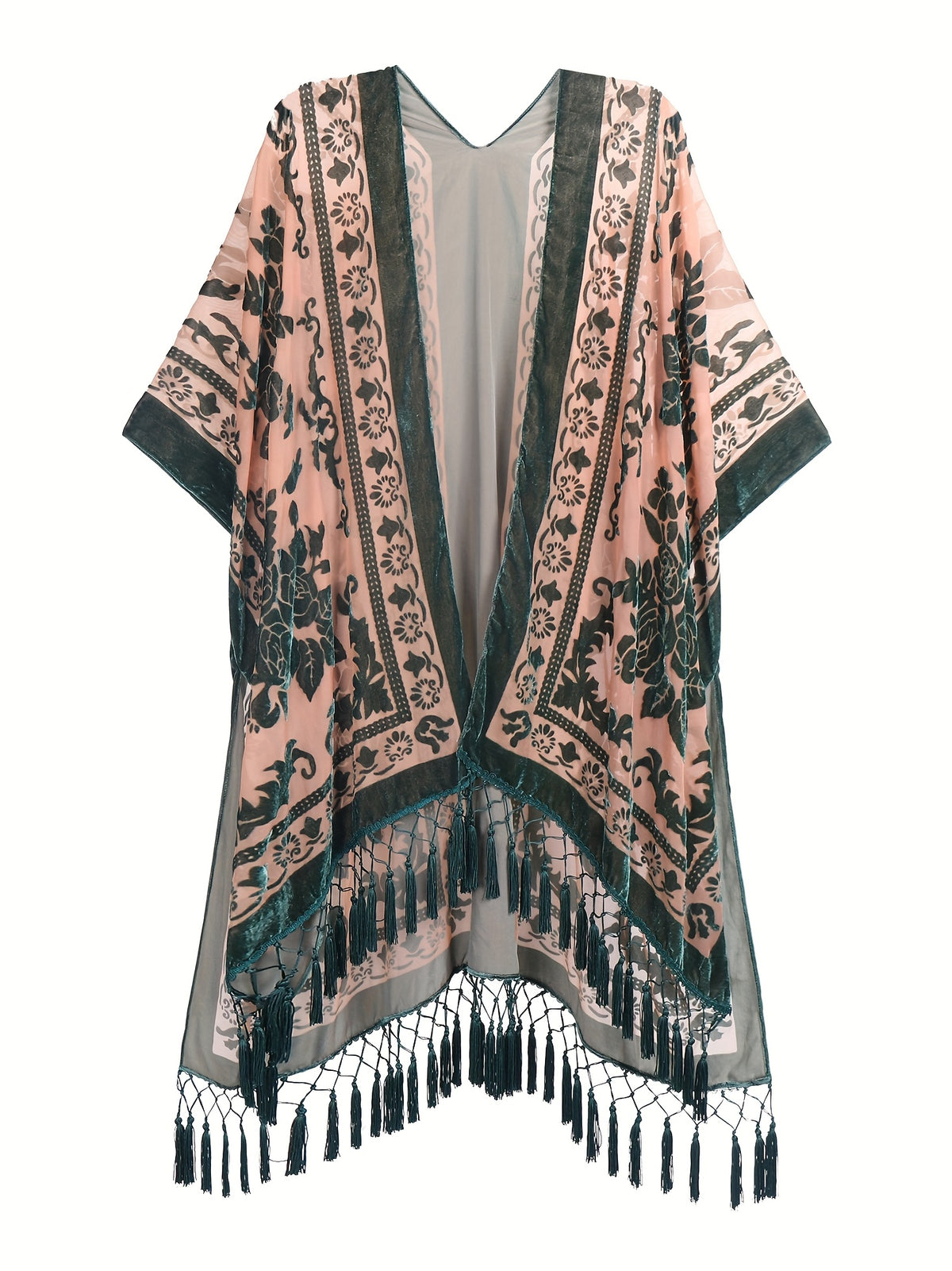 Boho Burnout Velvet Kimono Women Long Cardigan Cover Up Tassel Floral Embroidered One Size