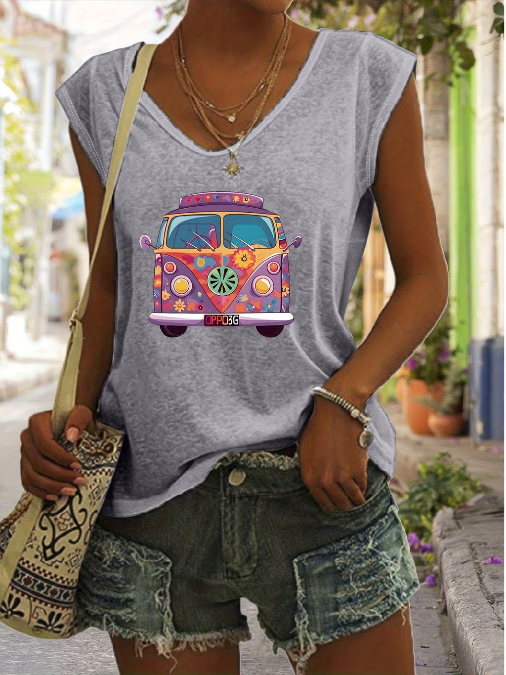 Graphic Print Tank Top Women V-Neck Hippie Rock Boho Sleeveless Summer Casual Vest Top 7 Colors S-XXL