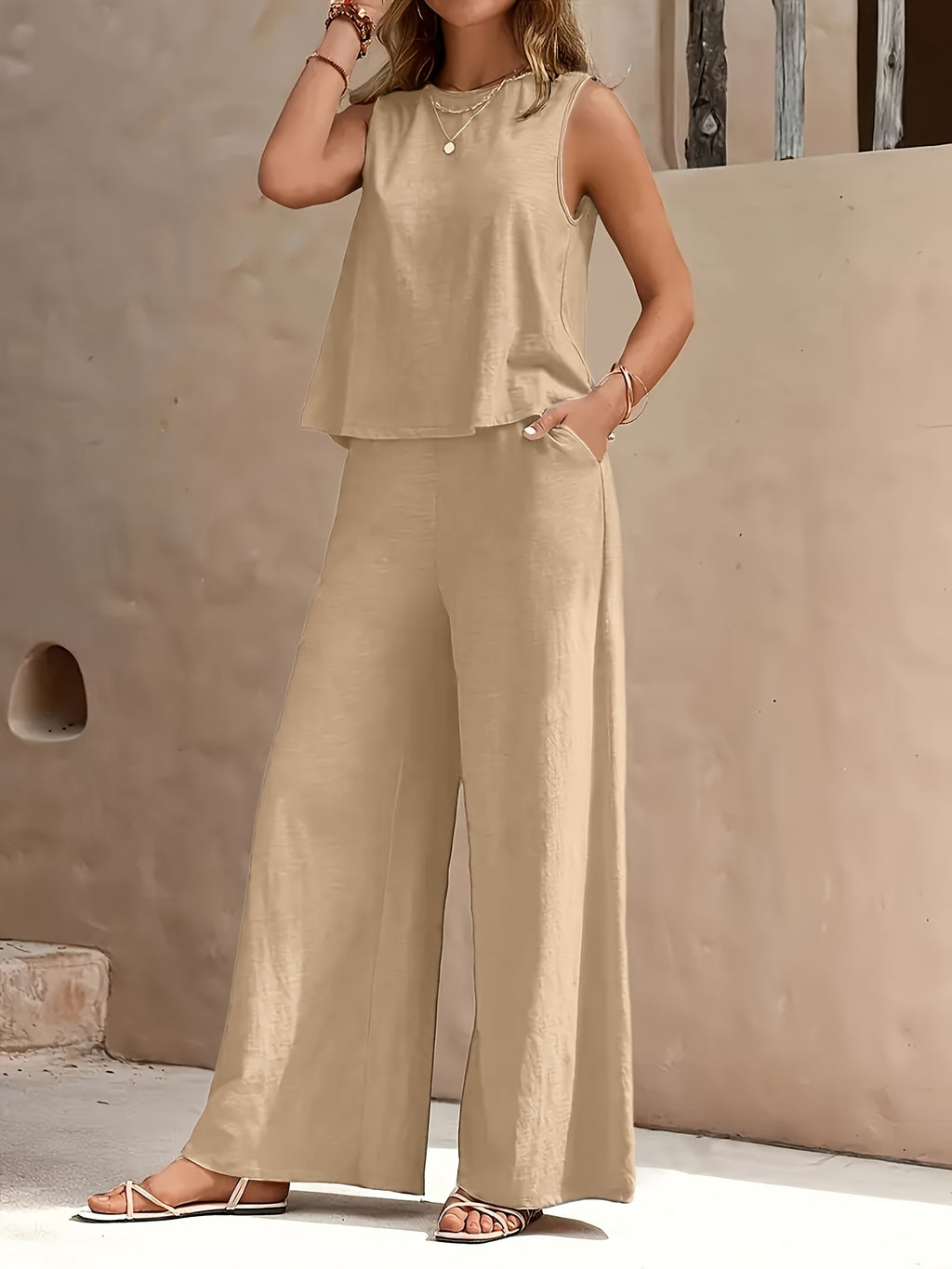Red Sleeveless Top and Wide Leg Pants 2 Piece Set for Women – Solid Color Smooth Fabric Casual Elegant, Spring Summer, Sizes S-XXL