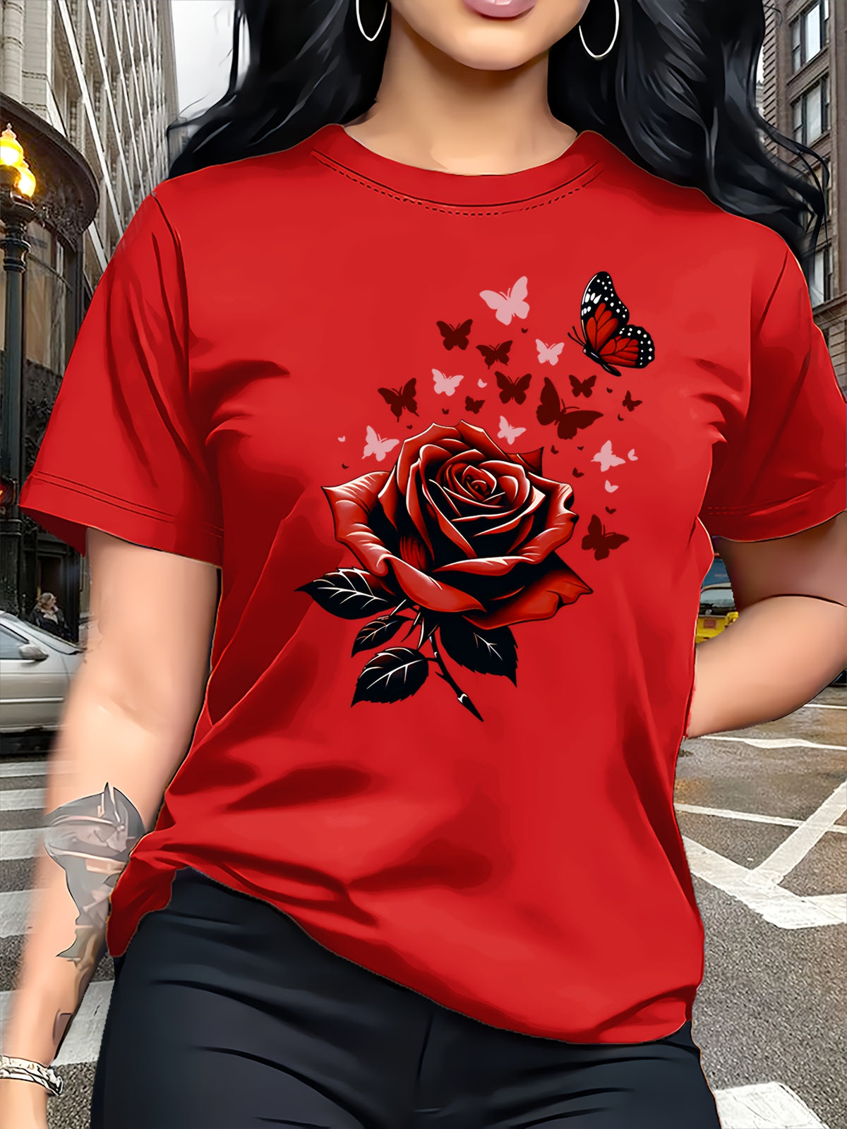 Women's Butterfly Rose Print T-Shirt Casual Crew Neck Short Sleeve Breathable Spring Summer Graphic Tee