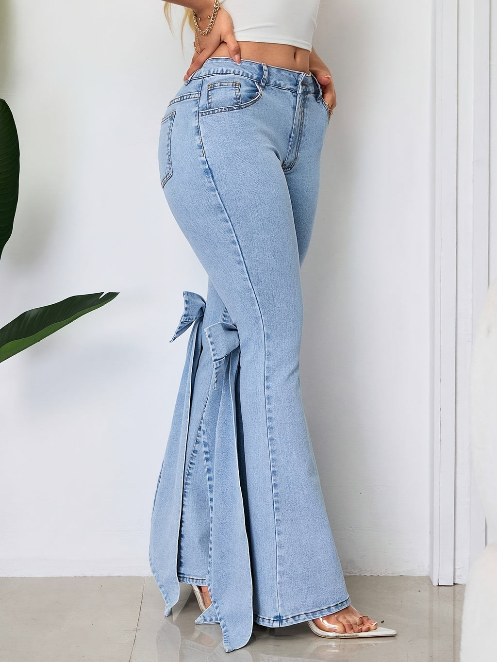 Bow Ribbon Flare Jeans Women Mid Rise Slim Fit Stretch Denim Light Blue Vintage Wash Casual All Season S-XXL