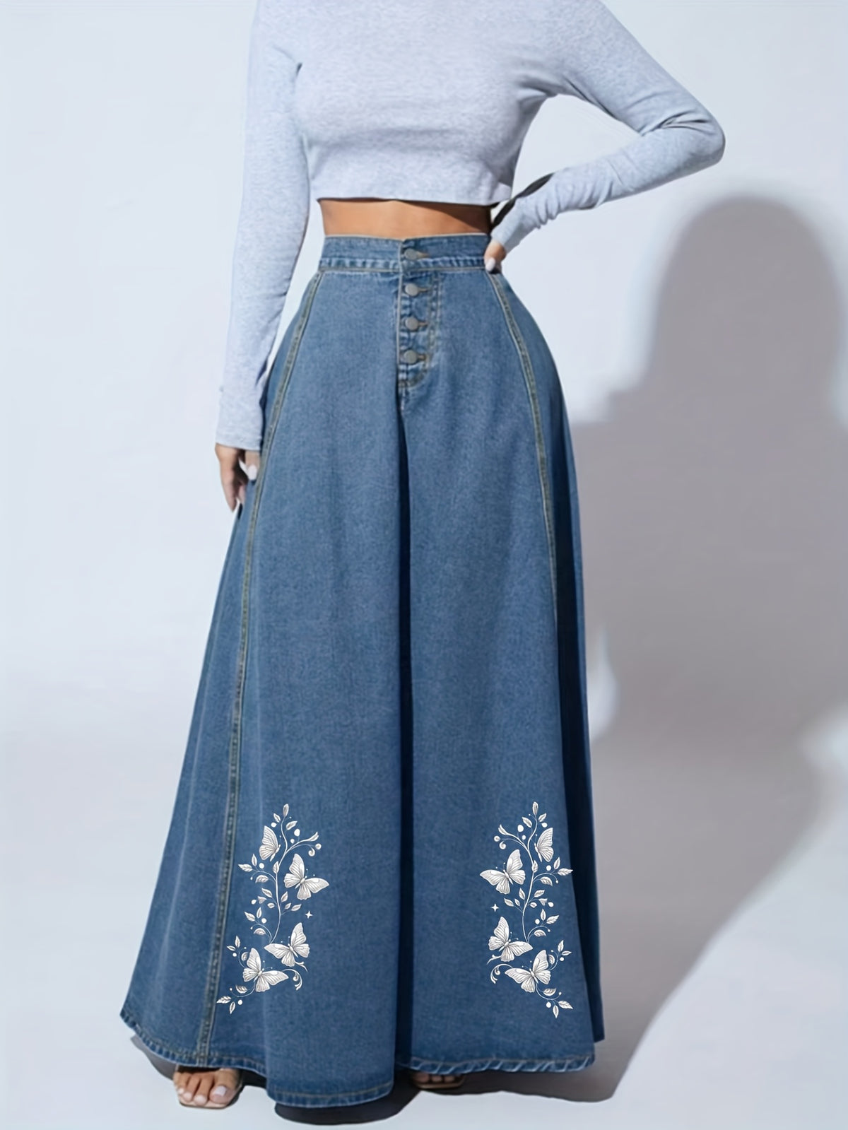Floral Embroidered Denim Maxi Skirt Women Button Closure Long Jean Skirt Casual Formal All Season Solid Color High Quality 2025