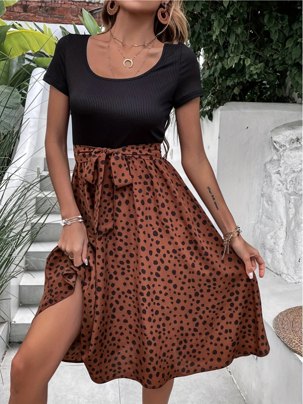 Polka Dot Bow Tie Patchwork Mini Dress Women Crewneck Fit and Flare Short Sleeve Casual Summer Dress