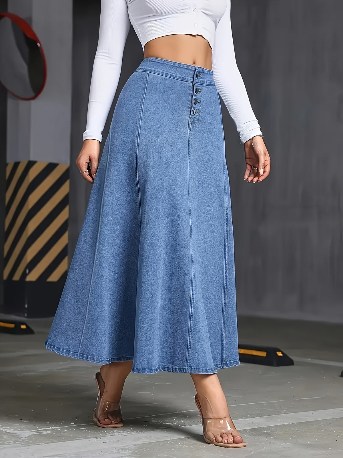 Stretch Denim A-Line Flare Skirt Women Wide Swing Button Detail Machine Washable Medium Blue Casual Formal Spring Summer Fall M-XL
