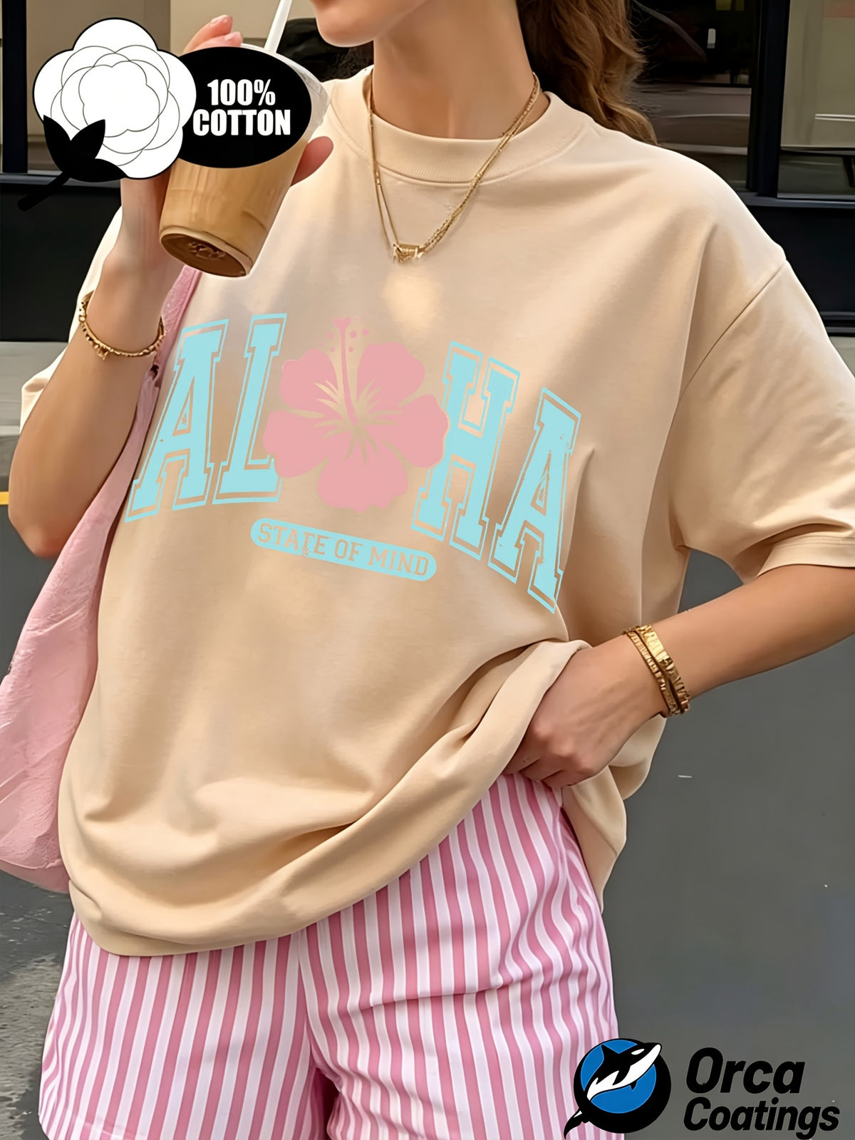 Women's Aloha Hibiscus Graphic Print T-Shirt 100% Cotton Crew Neck Short Sleeve Summer Beach Casual Tee