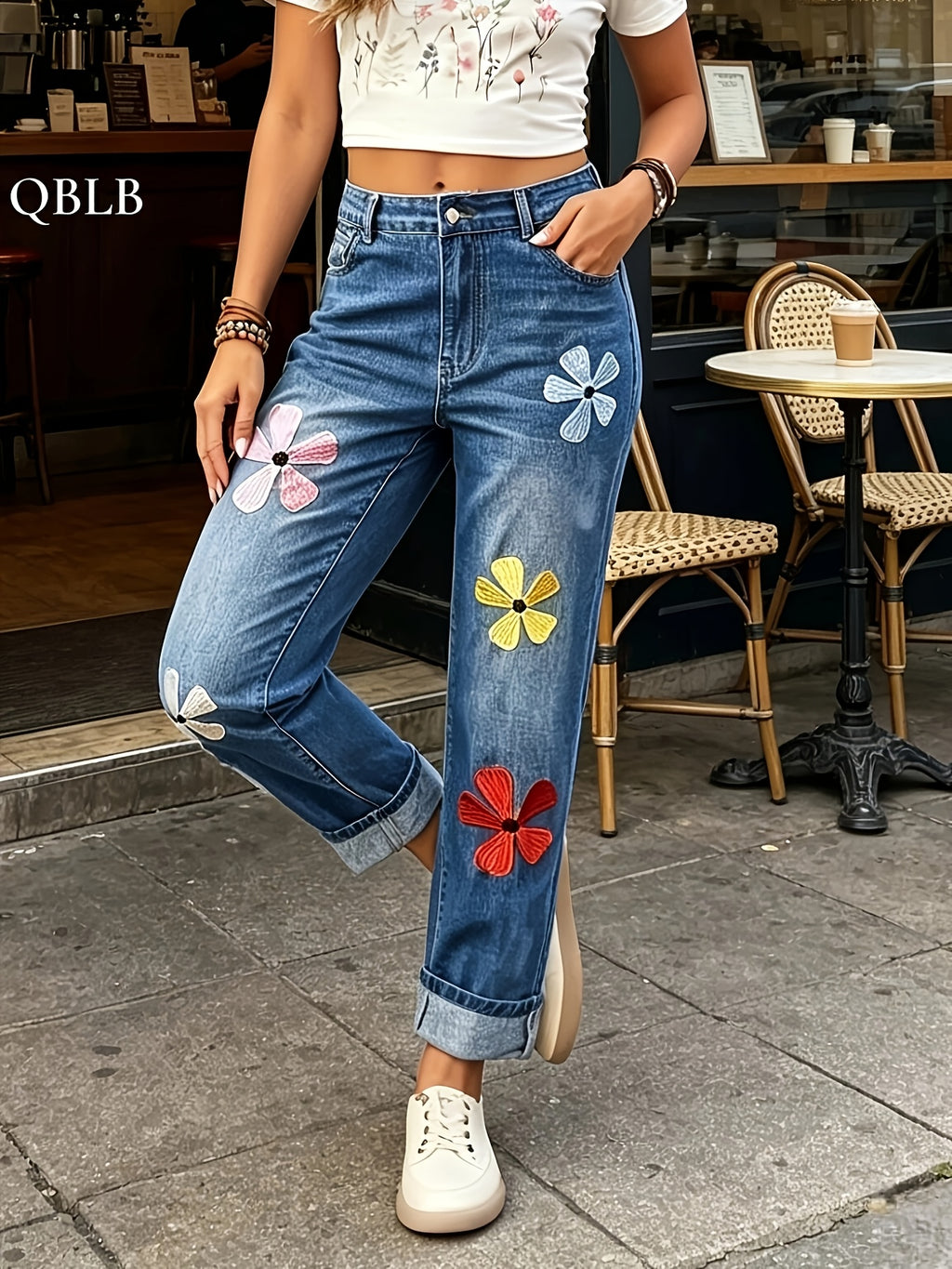 Women Mid Waist Slim Fit Straight Jeans Rolled Ankle Washed Denim Work Casual Weekend Light Blue Machine Washable S-XXL