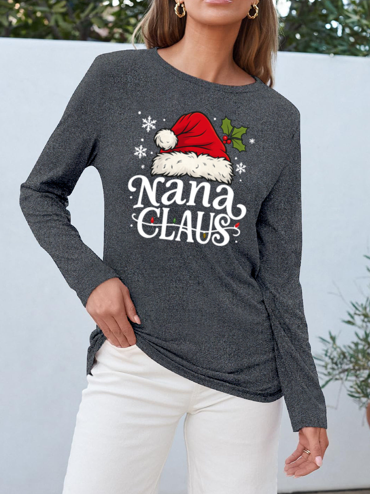 Nana Claus Santa Print Women Long Sleeve T-Shirt Crew Neck Holiday Christmas Grandma Gift Tee Soft Stretch Multi-Color Xmas Party