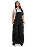 Denim Wide-Leg Cargo Jumpsuit Women Loose Baggy Adjustable Straps Washed Jean Overall Casual Streetwear S-XXL