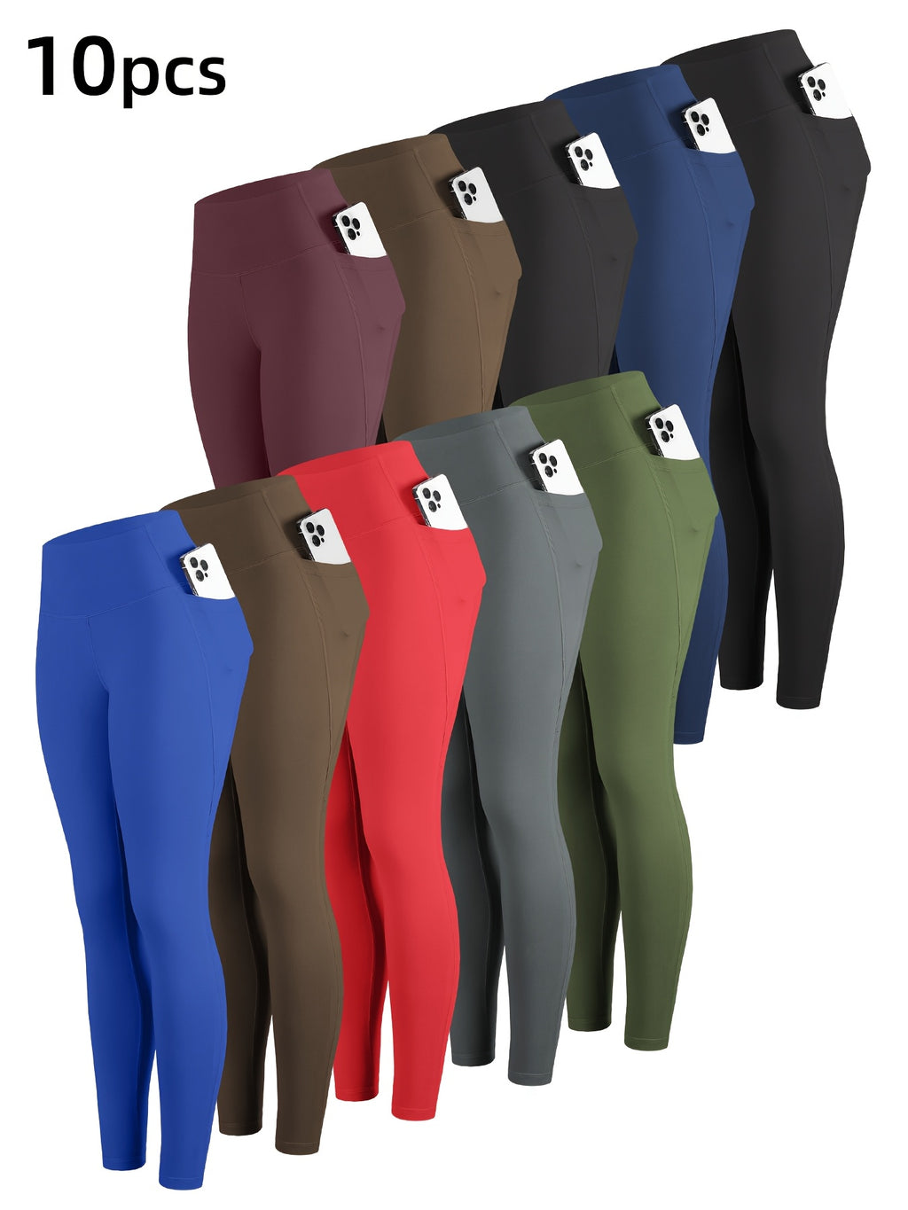 10pcs Solid Color High Waisted Leggings for Women – Cropped Tight Leggings with 2 Pockets, Multicolor