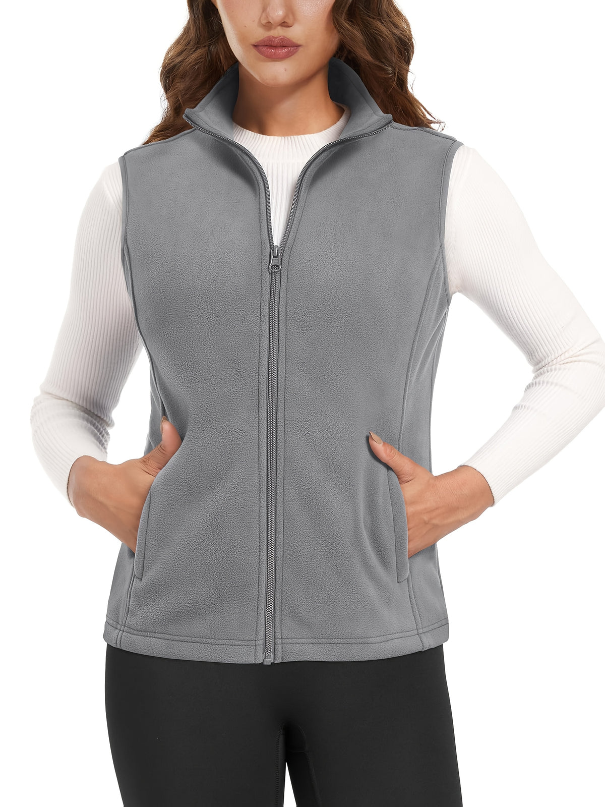 Women's Fleece Zip Vest Lightweight Warm Sleeveless Jacket Stand Collar 4 Pockets Windproof Outdoor Vest S-XXL