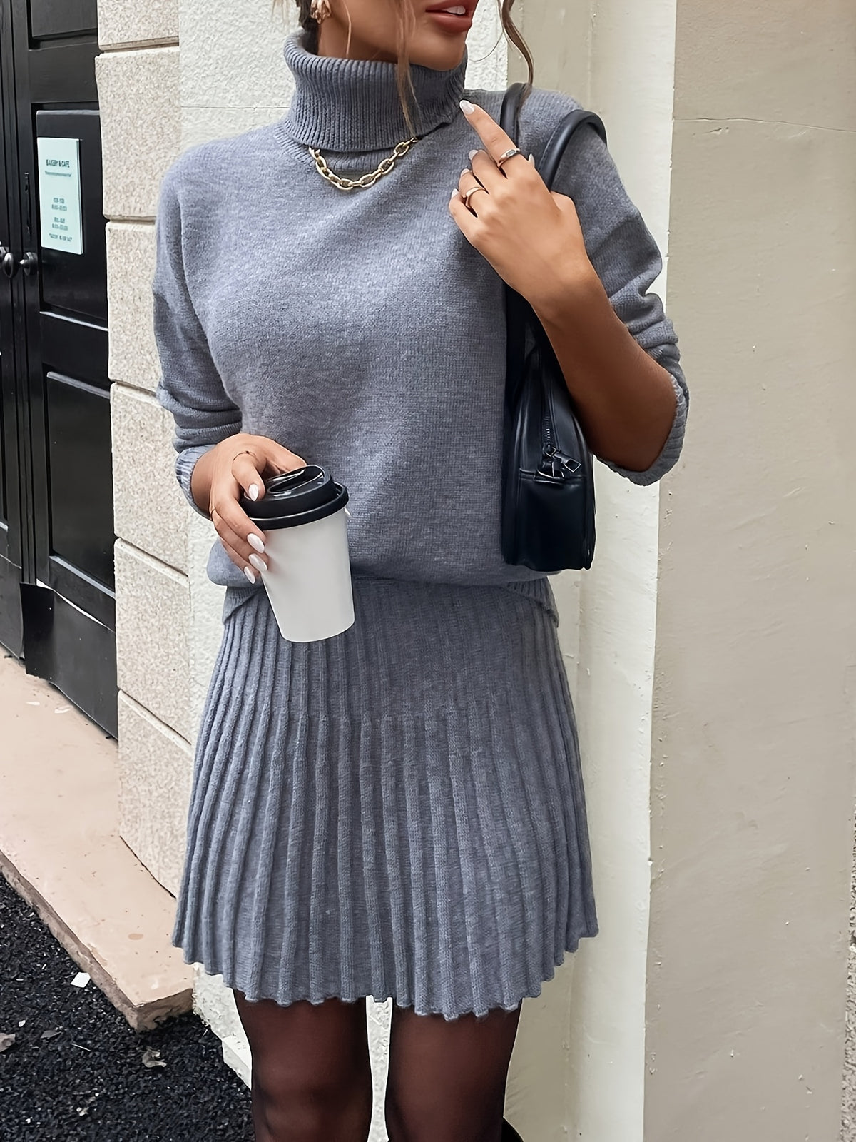High-Neck Sweater Pleated Skirt Two-Piece Set Women Elegant Drop Shoulder Long Sleeve | Chic Knit Top + Pleated Skirt Co-Ord for Fall Winter Office & Daily Wear