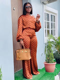 Polka Dot Off-Shoulder 2-Piece Set for Women - Long Sleeve Top & Wide-Leg Pants Loose Casual Matching Outfit