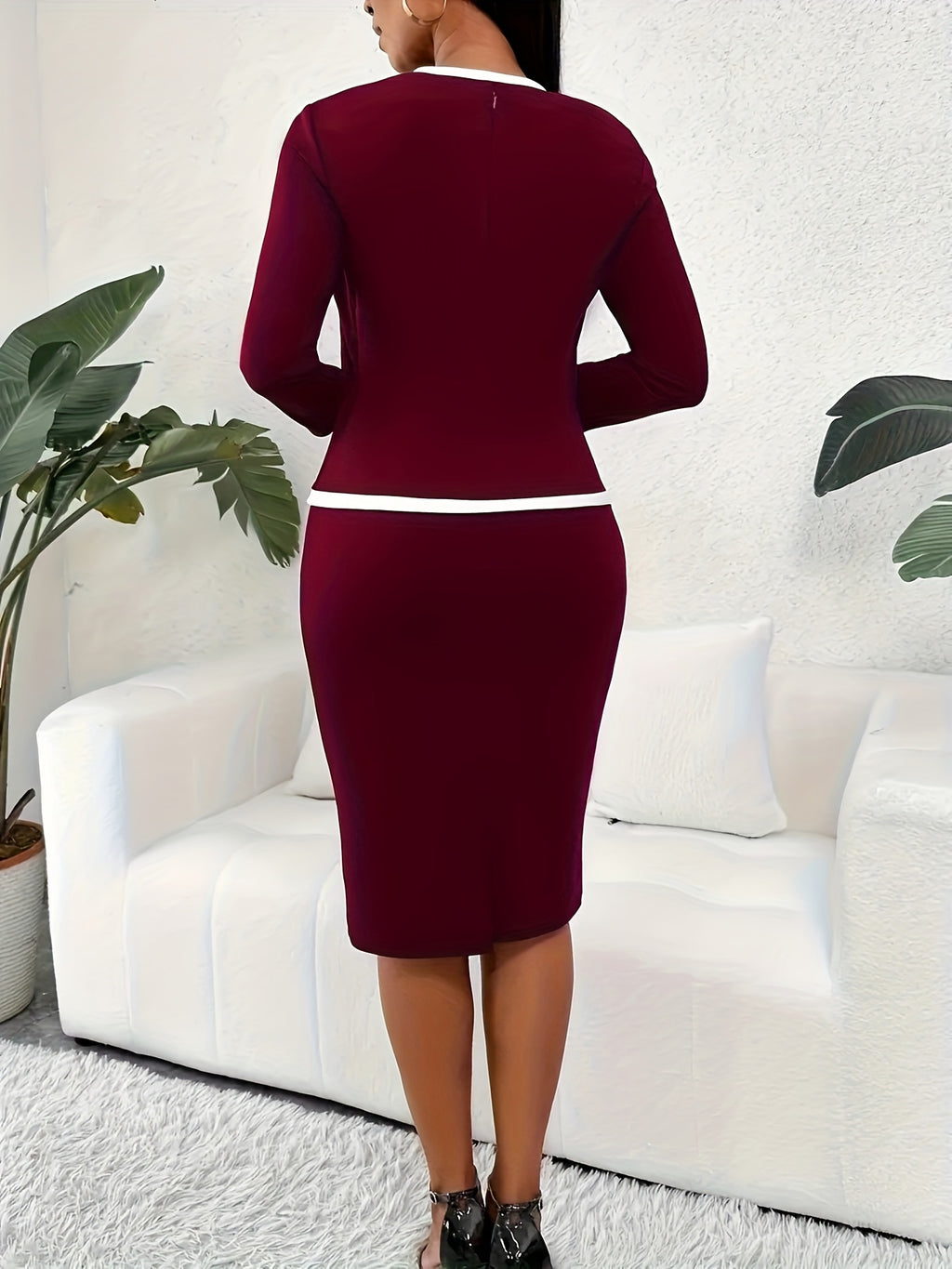 2-in-1 Bodycon Dress with Contrast Trim for Women - Long Sleeve Form-Fitting Burgundy Office Professional Elegant Dress, Smart Casual Work to Evening S-XXL
