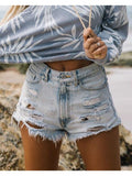 High Waisted Ripped Denim Shorts Women Frayed Hem Tassel Distressed Stretch Fit Light Blue Summer Casual S-XXL