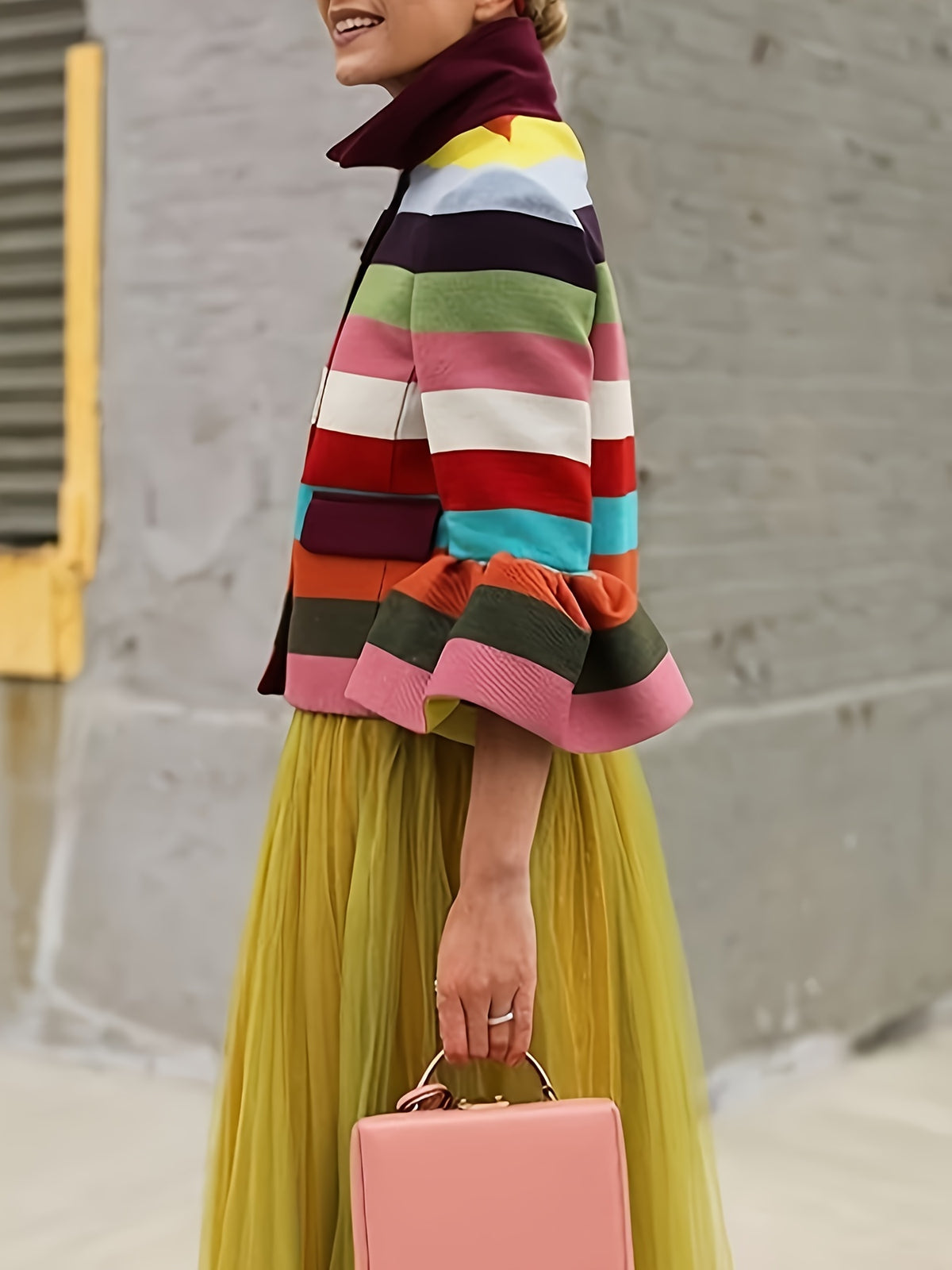 Vintage Striped Lapel Jacket Women Flared Sleeve Multi Color Elegant Party Evening Outerwear Spring Fall Colorful