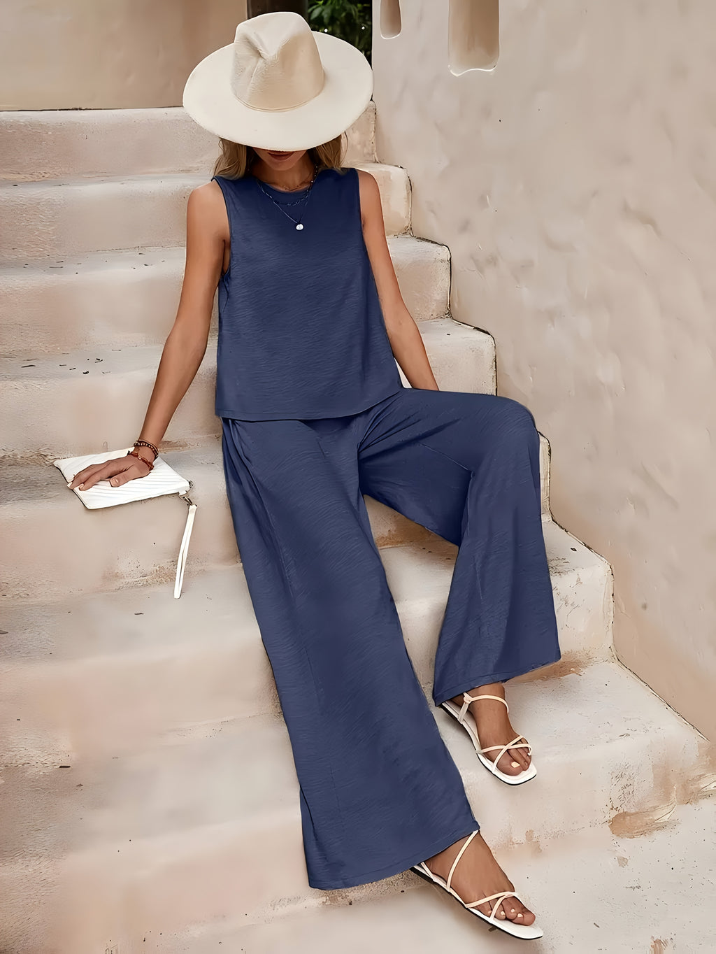 Red Sleeveless Top and Wide Leg Pants 2 Piece Set for Women – Solid Color Smooth Fabric Casual Elegant, Spring Summer, Sizes S-XXL