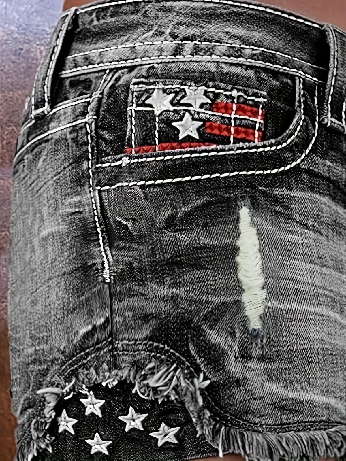 Women Star Striped American Flag Stretch Denim Shorts Patriotic Print Casual Summer Jean Shorts Grey XL