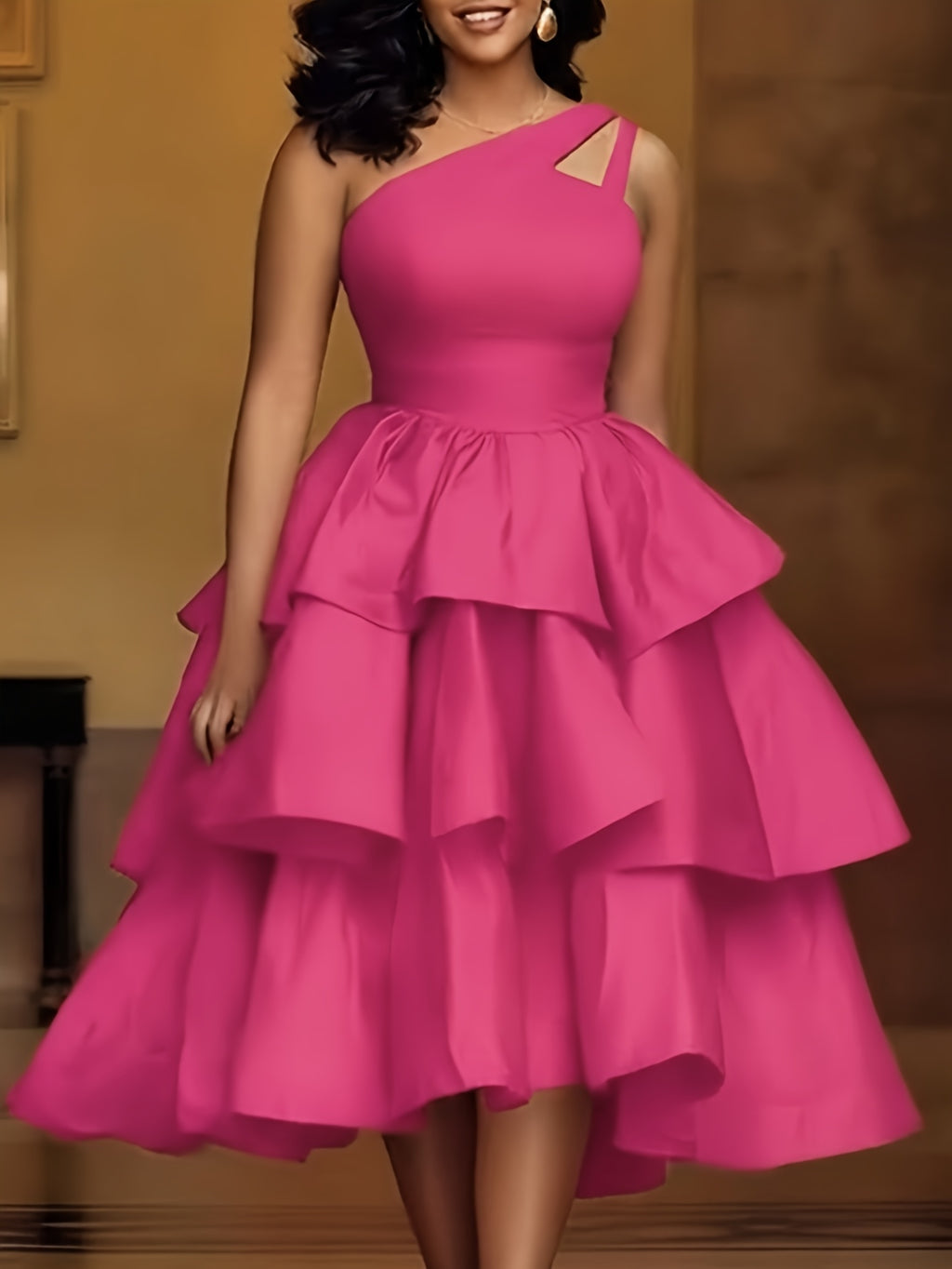 Orange One-Shoulder Cutout Tiered Midi Dress for Women – Eye-Catching Party Gown for Birthday Dinners, Gatherings & Summer Events