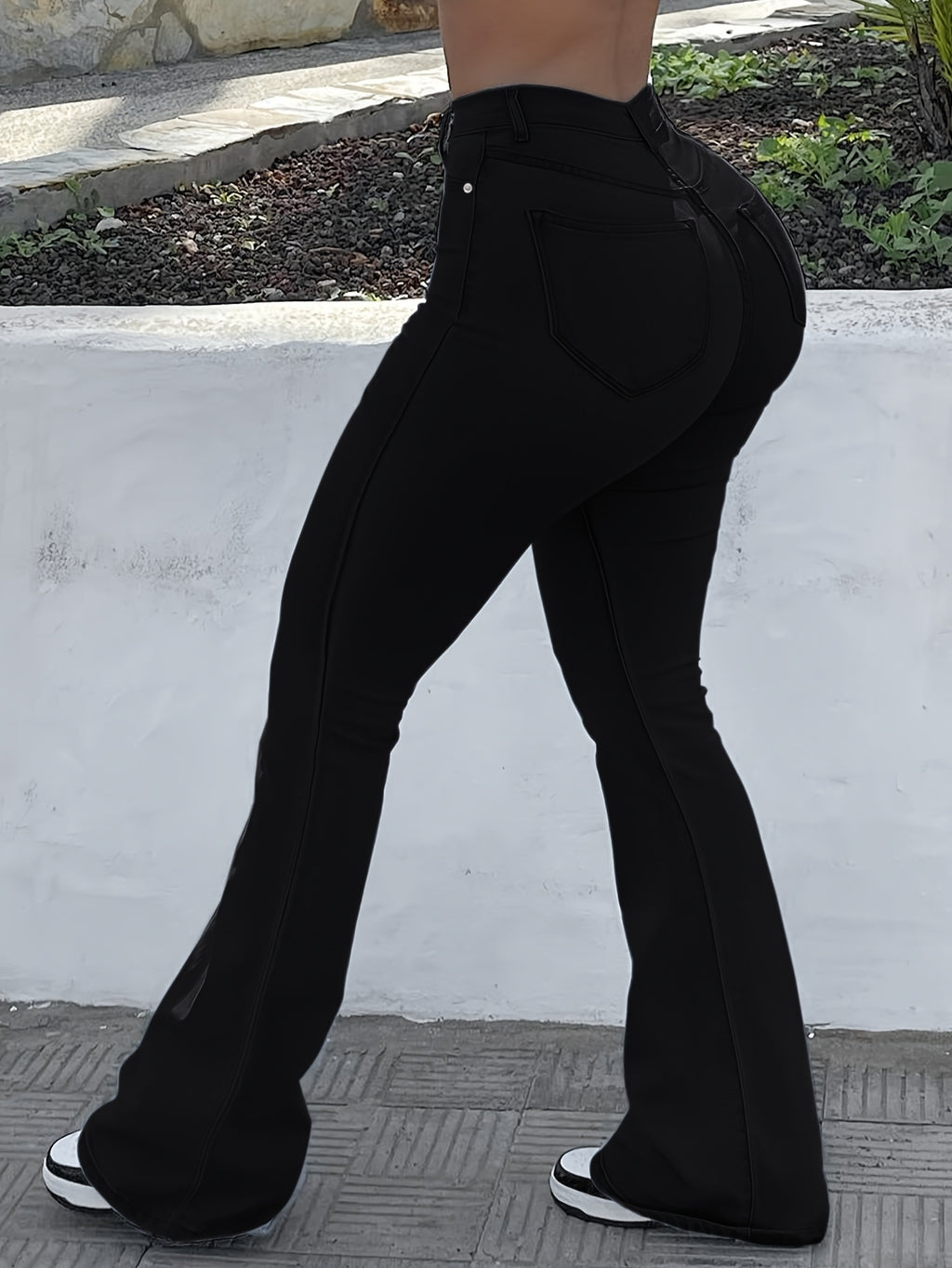 High Waist Stretch Flare Jeans Women Wide Leg Pants with Pockets – Solid Color Street Style, All-Season Comfortable Denim, Machine Washable