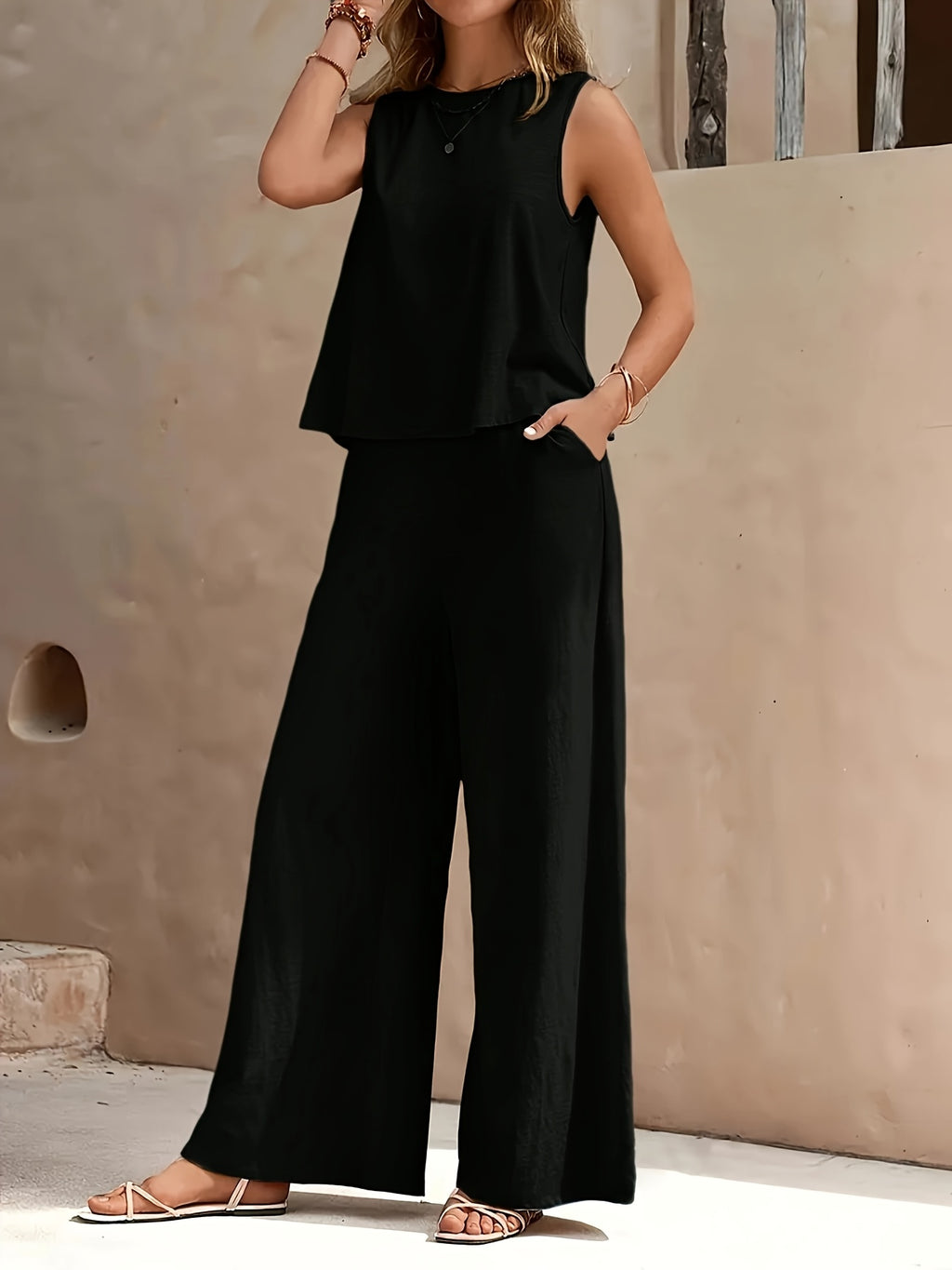 Red Sleeveless Top and Wide Leg Pants 2 Piece Set for Women – Solid Color Smooth Fabric Casual Elegant, Spring Summer, Sizes S-XXL