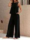 Red Sleeveless Top and Wide Leg Pants 2 Piece Set for Women – Solid Color Smooth Fabric Casual Elegant, Spring Summer, Sizes S-XXL