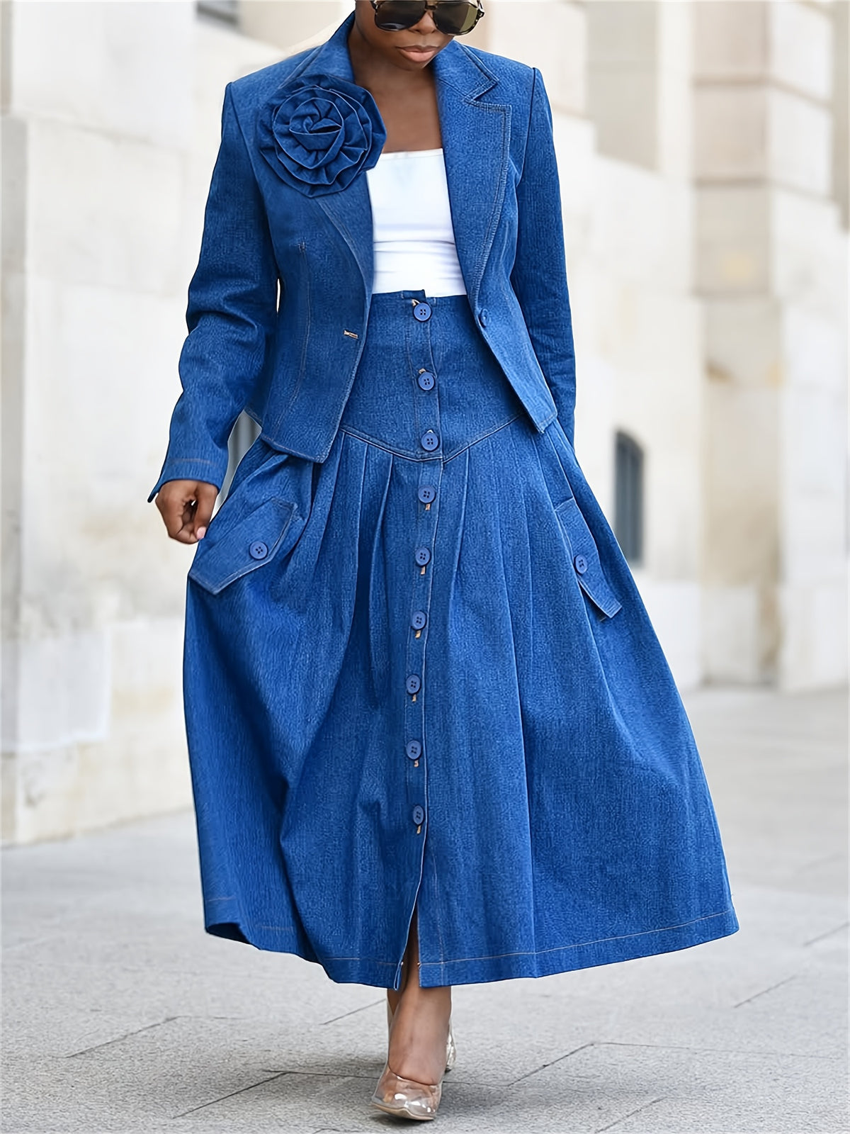 Women's Denim Skirt Suit 2pcs Set Jean Blazer & Pleated Skirt Business Casual Applique Lapel Long Sleeve
