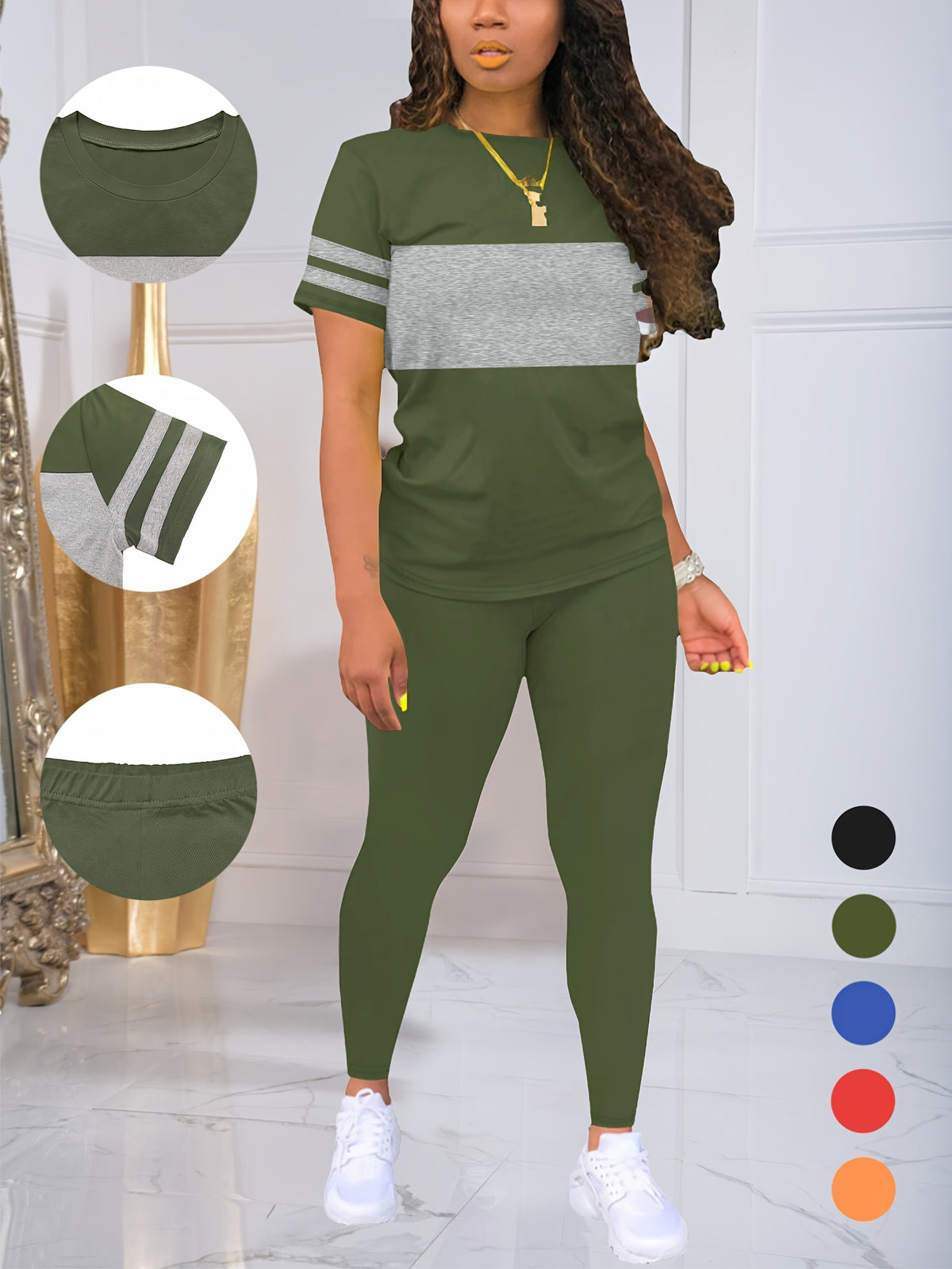 Women's 2-Piece Tracksuit Set Round Neck Color Block Top and Leggings S-XXL Multiple Colors