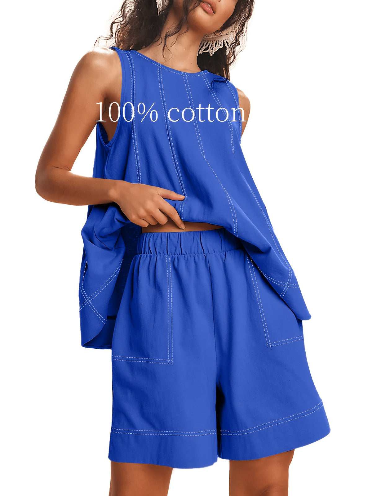 Women's 2-Piece Matching Set Sleeveless Tank Top & High Waist Shorts with Pockets Contrast Stitching