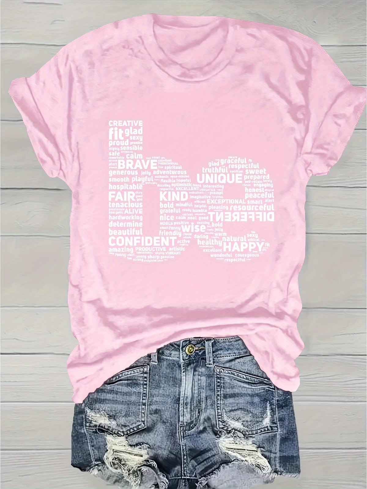 Inspirational Word Cloud Print T-Shirt Women Round Neck Short Sleeve Light Grey Positive Affirmation Casual Tee Spring Summer S-XXL