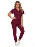 V-Neck Scrub Set Women Men Four-Way Stretch Hospital Uniform Jogger Pants Solid Color All-Season Medical Workwear | Mira Roam