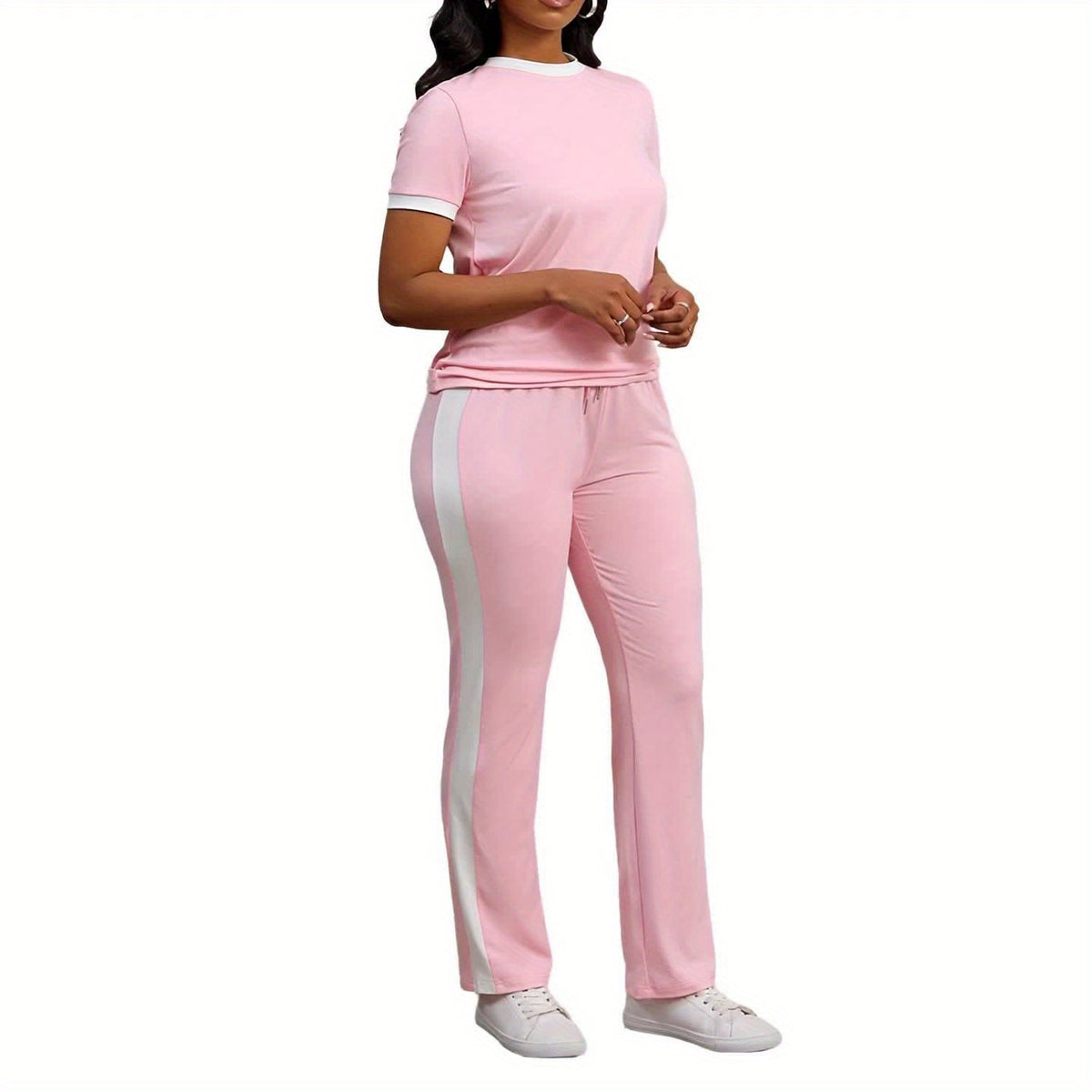 Women Colorblock 2 Piece Tracksuit Set Short Sleeve Crew Neck Top Striped Sweatpants Casual Lounge Jogger Matching Outfit for Workout Everyday Wear