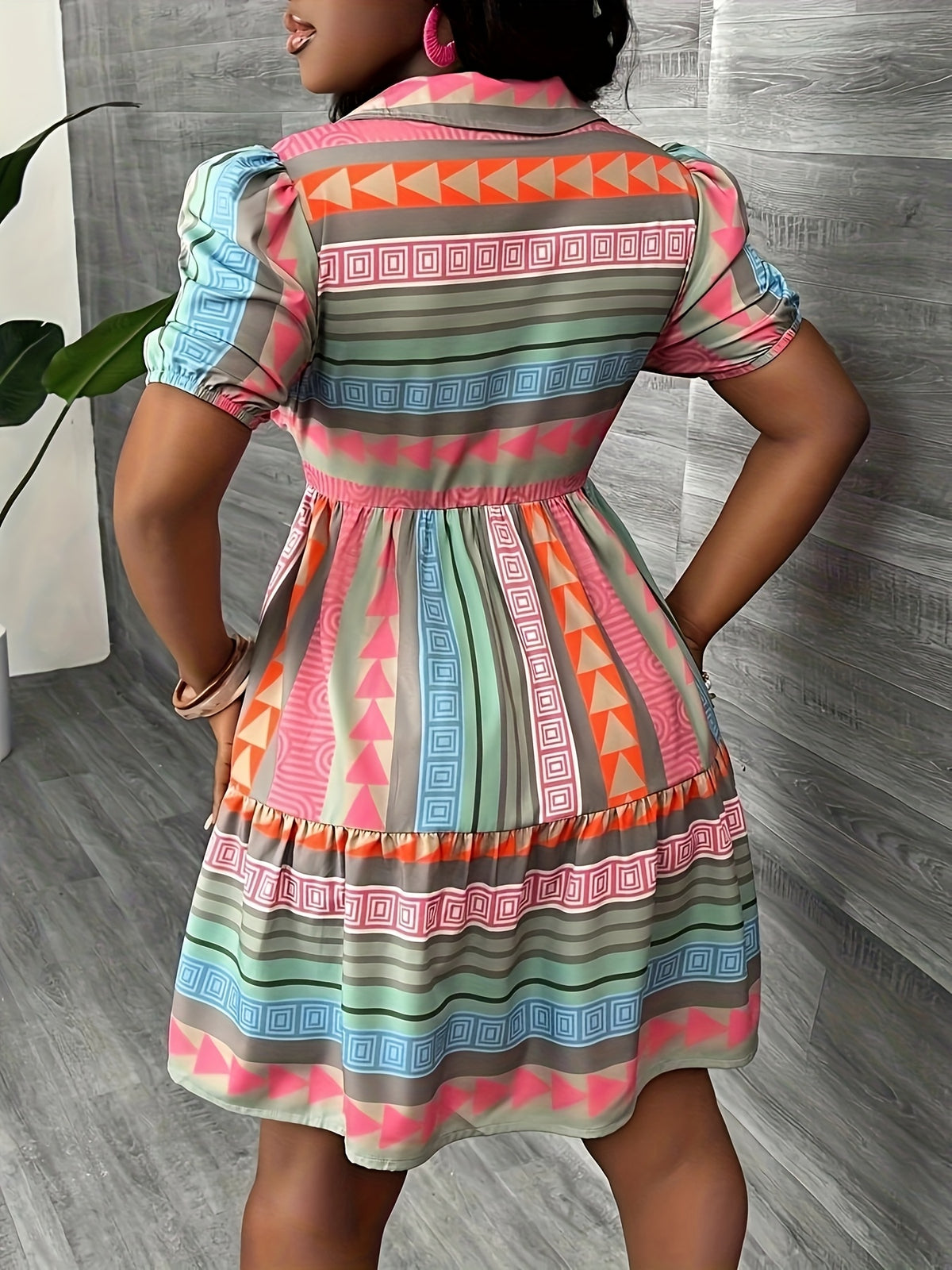 Geometric Print Shirt Dress Women Summer Button Down A-Line Mini Dress Casual Vacation Colorblock Short Sleeve