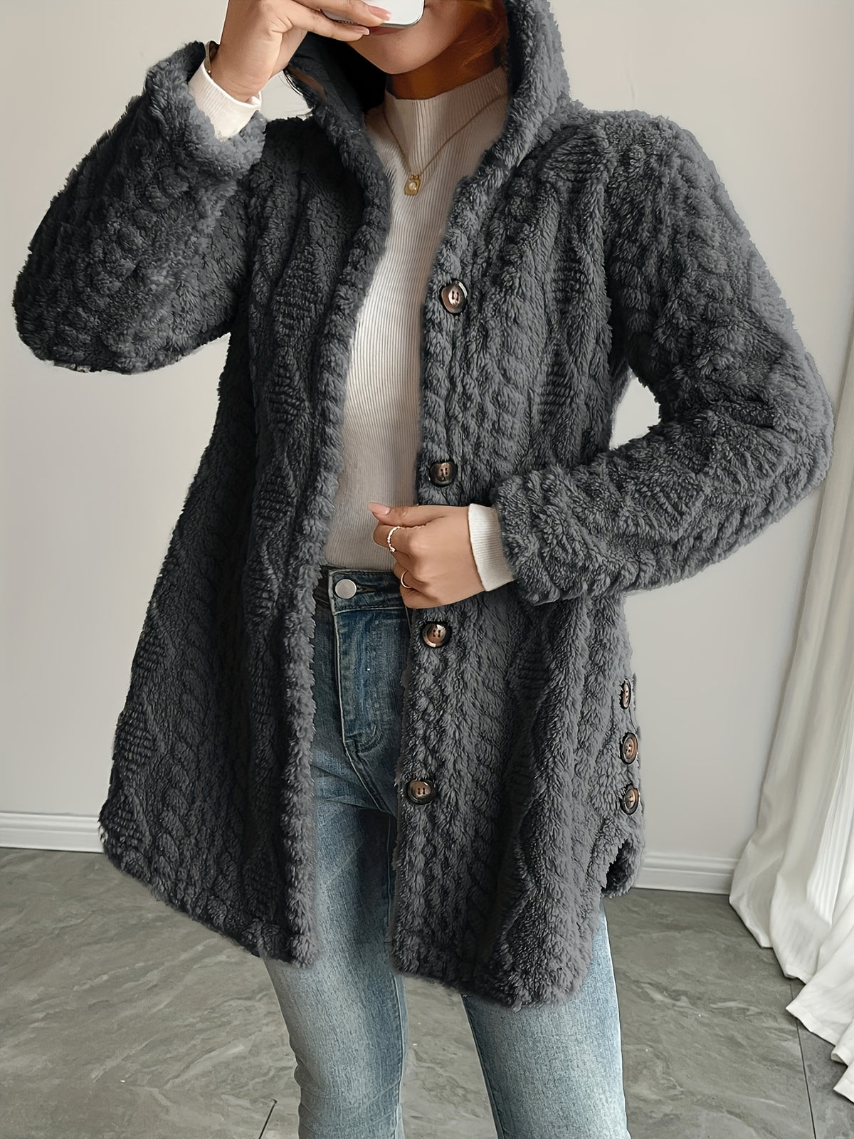 Hooded Fuzzy Coat Women Mid-Length Jacket with Buttons Soft Warm Fleece Fall Winter Outerwear 5 Colors S-XXL