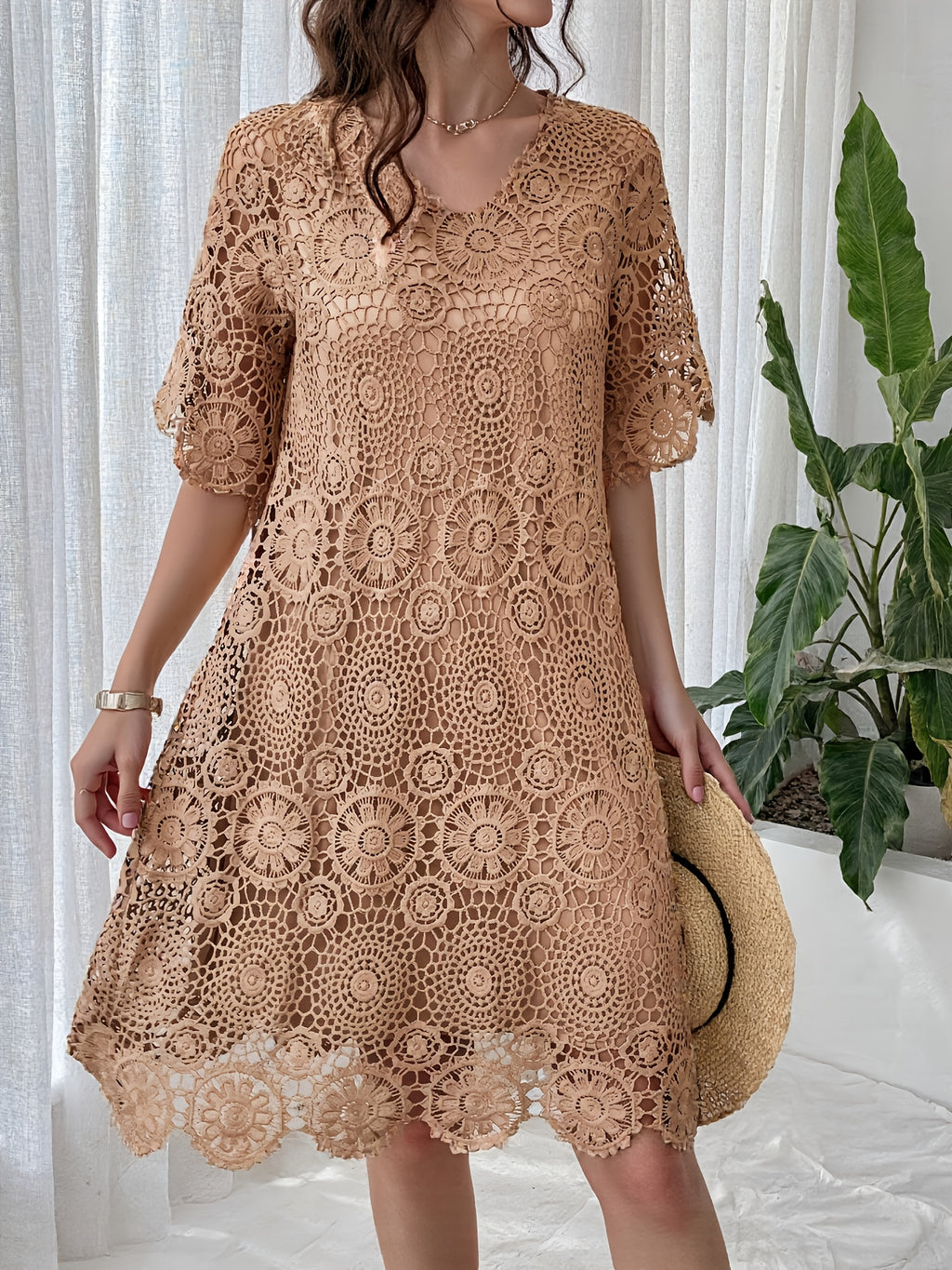 Hollow Out Lace V-Neck Short Sleeve Dress for Women - Solid Color Lined Elegant Fashion Dress, 100% Polyester Micro-Elastic Spring Summer Fall S-XXL