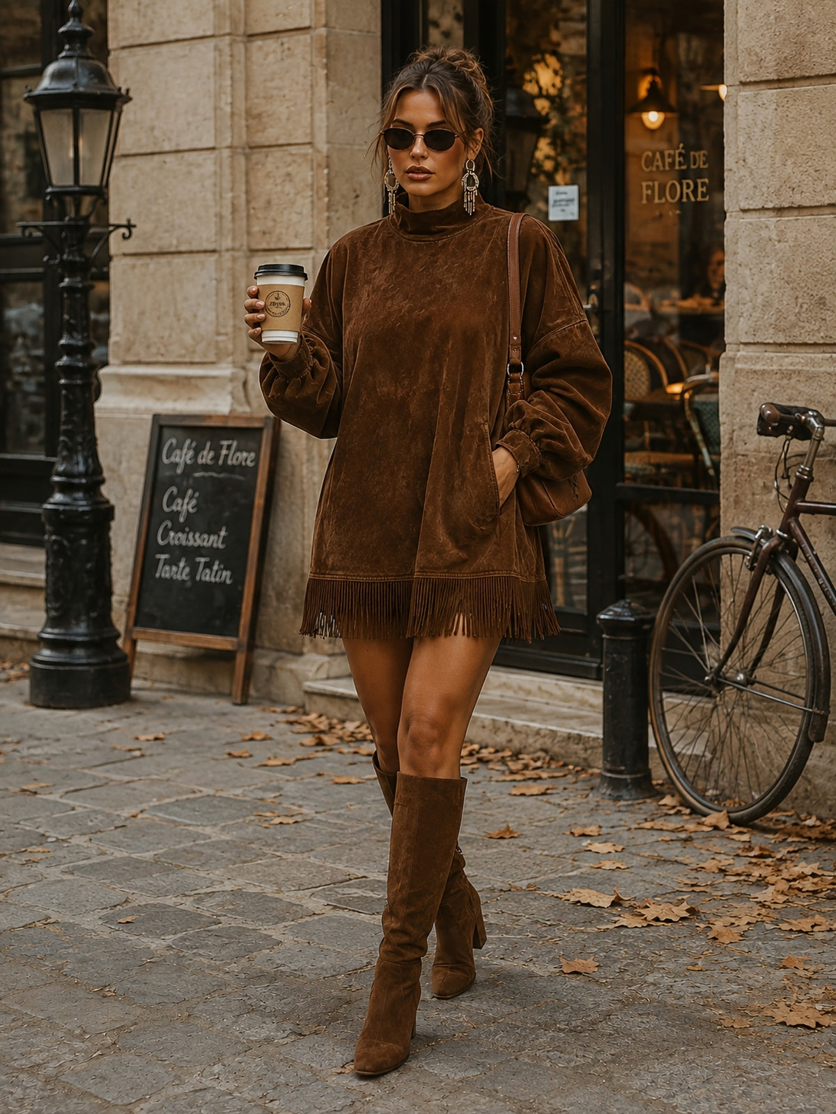Fringed High Neck Long Sleeve Midi Dress Women | Retro Tassel Pleated Skirt | Loose Casual Dress XS-L