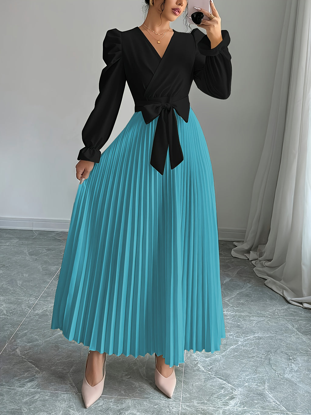 V-Neck Bubble Sleeve French Elegant Dress Women Pleated Ruffle Hem Belt Waist Cocktail Party Maxi Dress Spring Summer Formal Evening Wear Multi-Color S-XXL