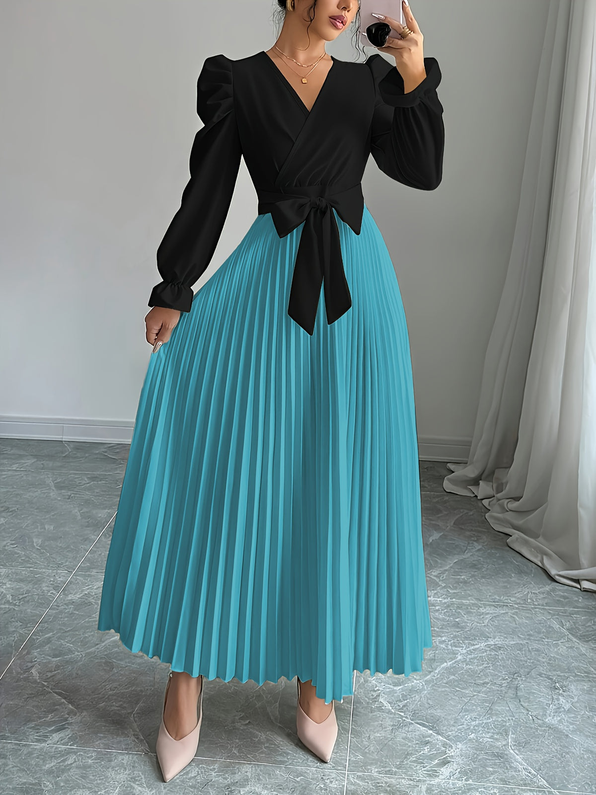V-Neck Bubble Sleeve French Elegant Dress Women Pleated Ruffle Hem Belt Waist Cocktail Party Maxi Dress Spring Summer Formal Evening Wear Multi-Color S-XXL