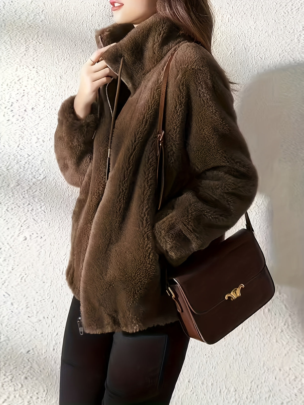Plush Hooded Zip-Up Jacket for Women Solid Color Fuzzy Sherpa Coat Warm Winter Casual Daily