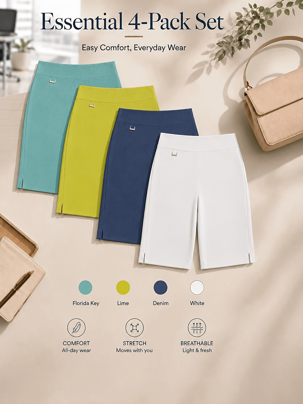 Women's Bermuda Shorts 4-Pack Pull-On Stretchy Breathable Knee Length Work Shorts with Side Slit Hem Skin-Friendly Multi-Color Set