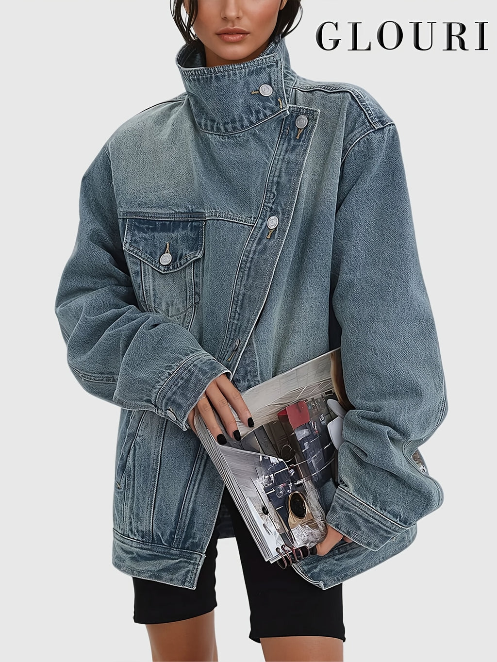 Loose Fit Jean Jacket Women Asymmetric Slant Placket Multi Pocket Vintage Blue Streetwear Long Sleeve Denim Coat Fall Winter