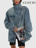 Loose Fit Jean Jacket Women Asymmetric Slant Placket Multi Pocket Vintage Blue Streetwear Long Sleeve Denim Coat Fall Winter