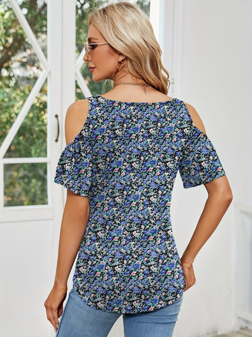 Cold Shoulder Tops for Women Floral Ruched V-Neck Blouse Short Sleeve Summer Tunic Shirt Casual Cute