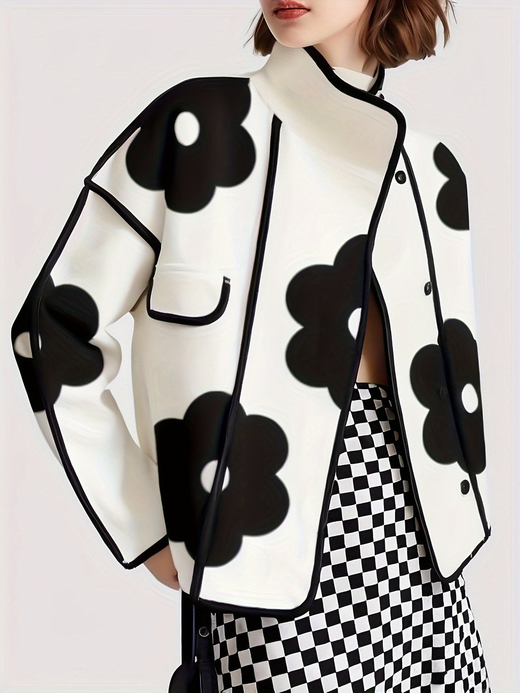 Floral Print Stand Collar Jacket for Women, Long Sleeve Contrast Color Loose Coat, Vintage Office Casual Fashion Outerwear for Spring Fall Winter, Black White