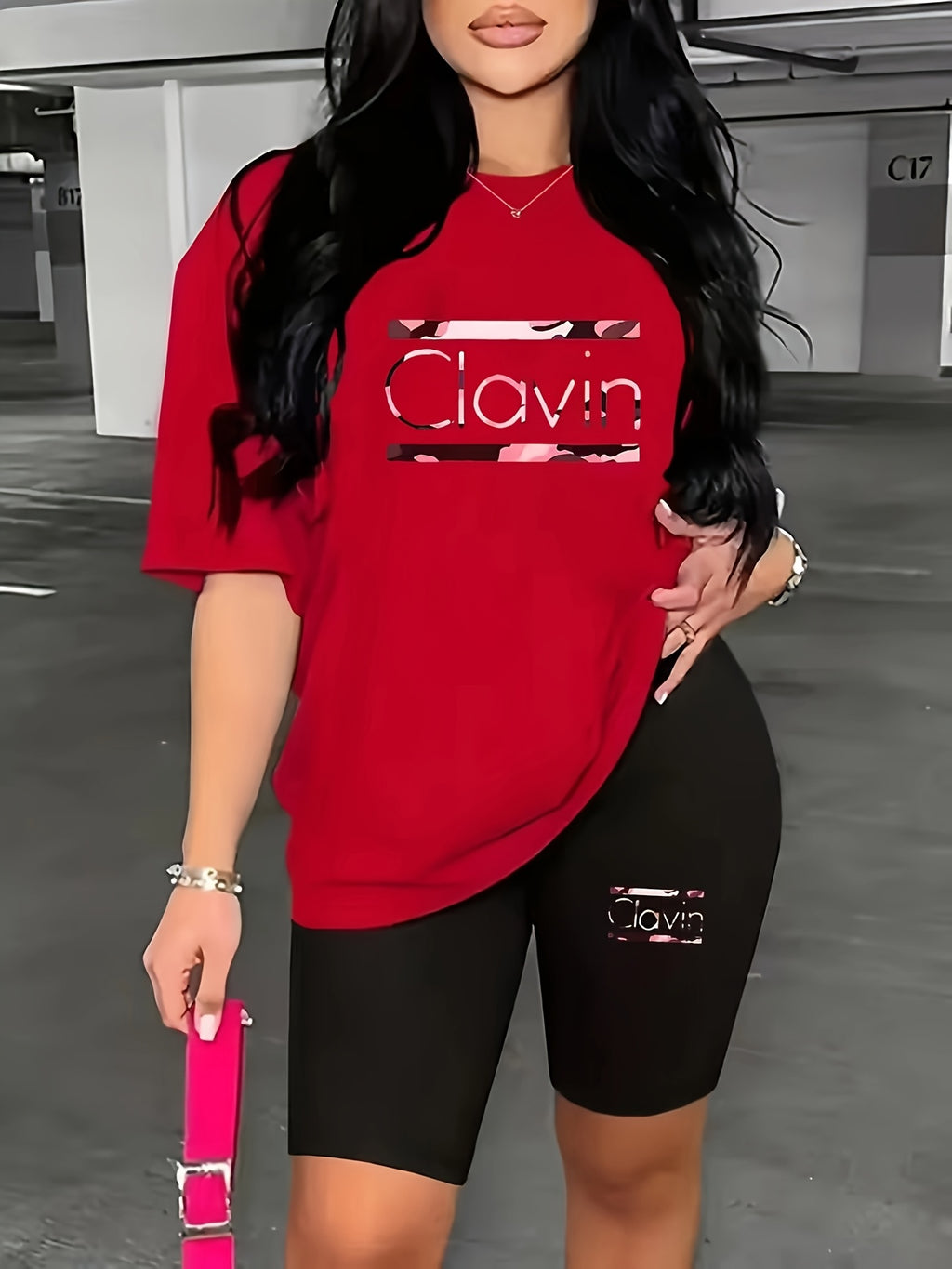 Women's 2-Piece Oversized T-Shirt and Fitted Shorts Matching Set Lettering Print Streetwear Loungewear