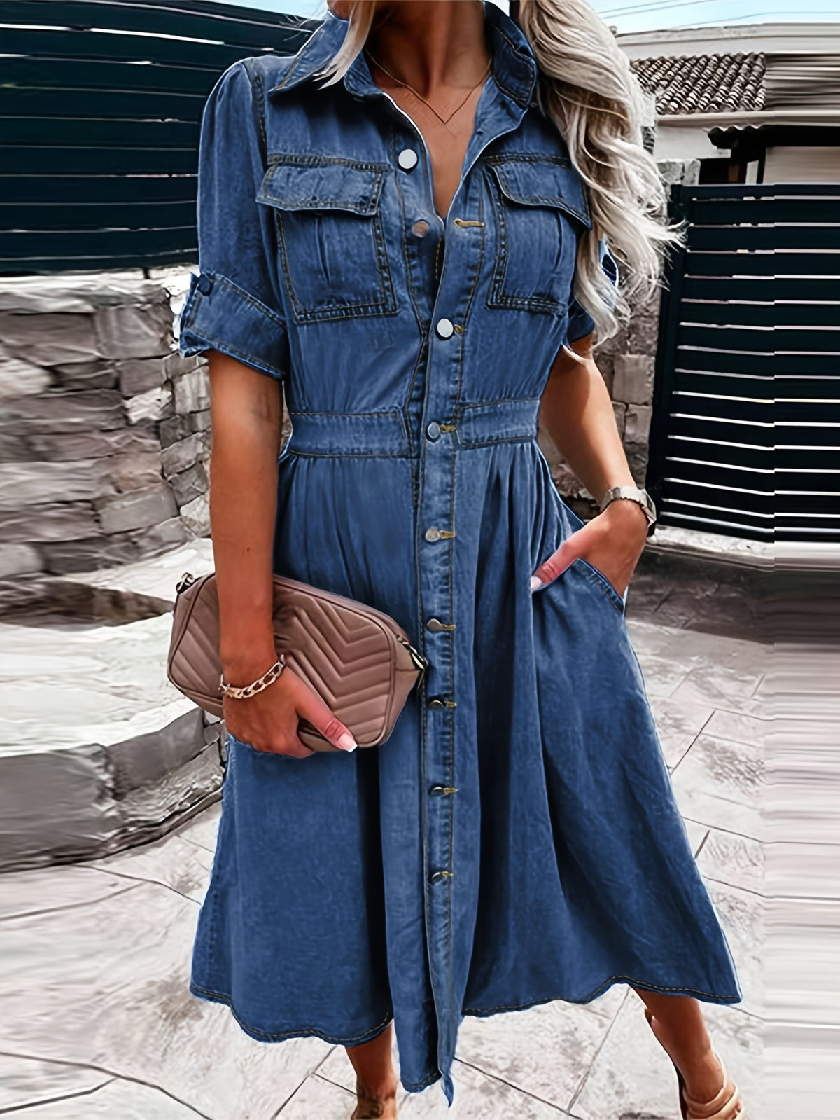 Women's A-Line Denim Jean Dress V-Neck Button Front with Pockets Casual Waist Fitted Shirt Dress Blue Dark Blue Medium Blue S-XXL
