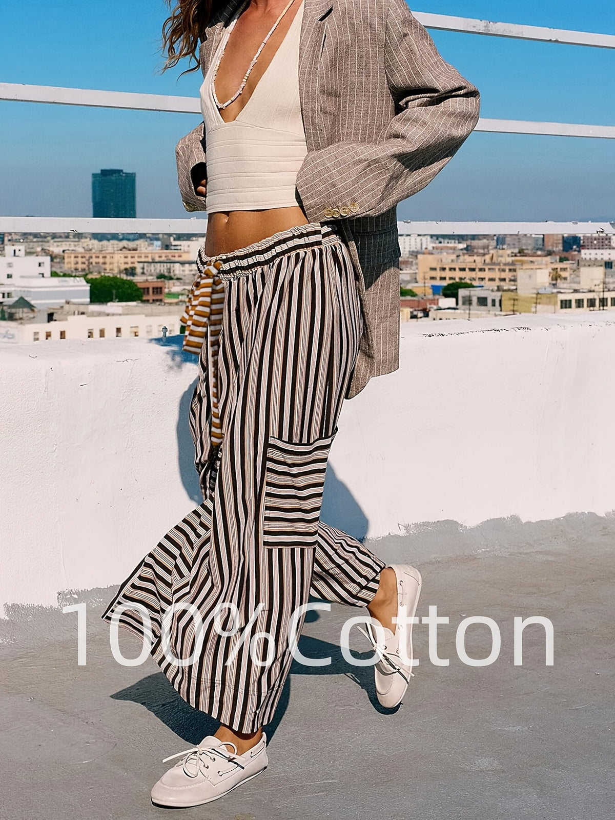 Striped Wide Leg Pants for Women – Horizontal Stripe Elastic Drawstring Waist Side Pockets, Casual Lounge Trousers Machine Washable Spring Summer Warm Weather Airy Comfortable Bottoms S-XXL
