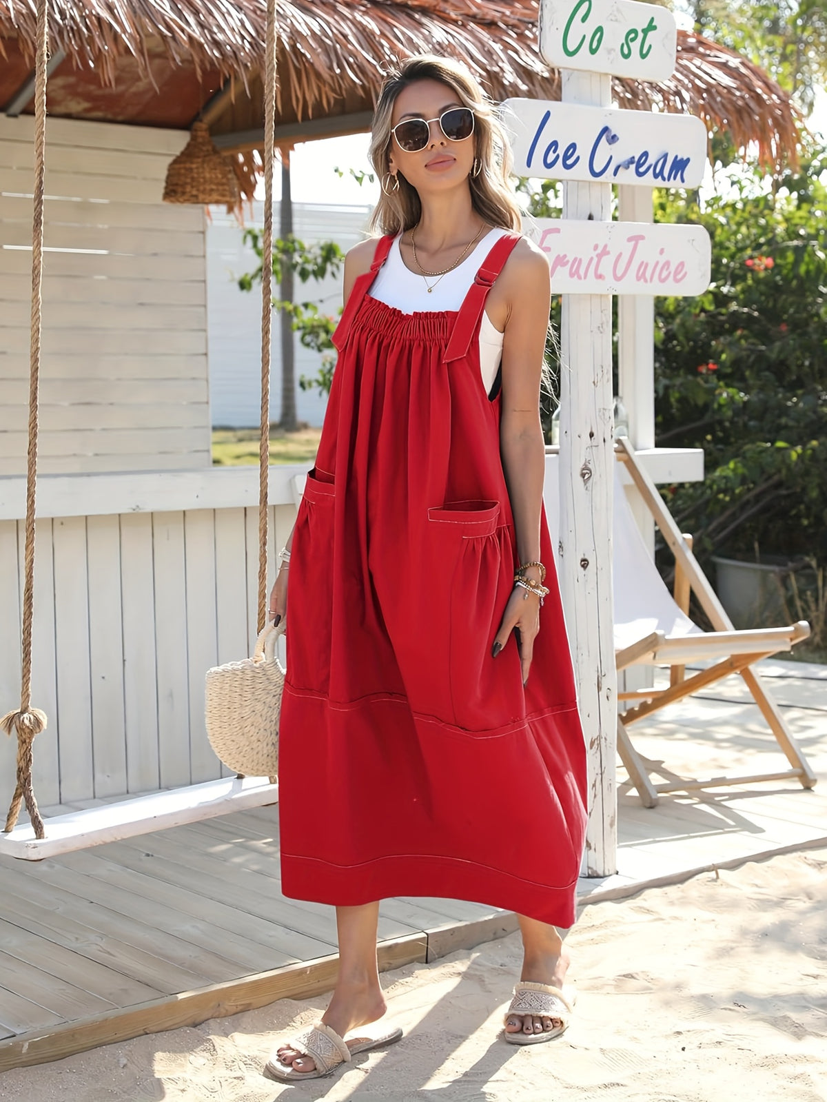 Overall Dress Women Loose Adjustable Strap Midi Length Big Pockets Workwear Casual Bib Jumper Dress Spring Summer S M L XL XXL