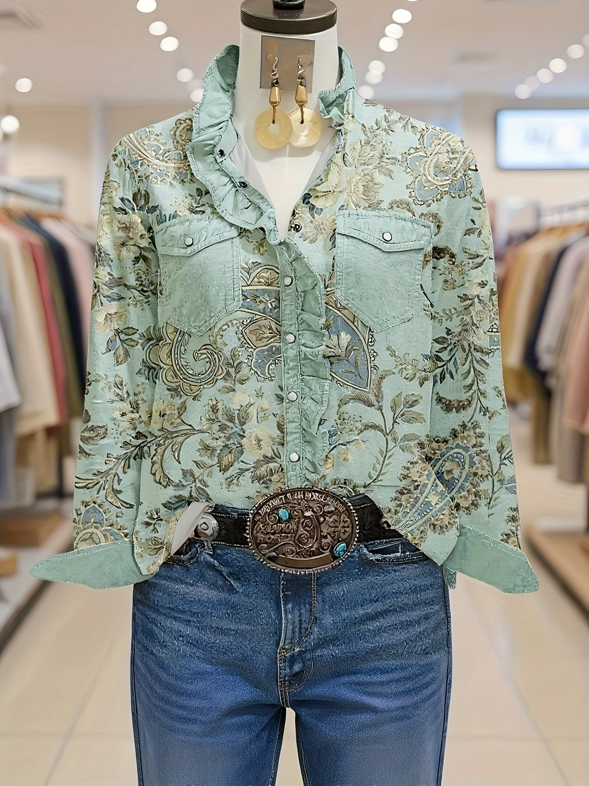 Vintage Paisley Print Shirt Women Long Sleeve Ruffle Lapel Collar Blouse Casual Woven Top Multicolor S-XXL