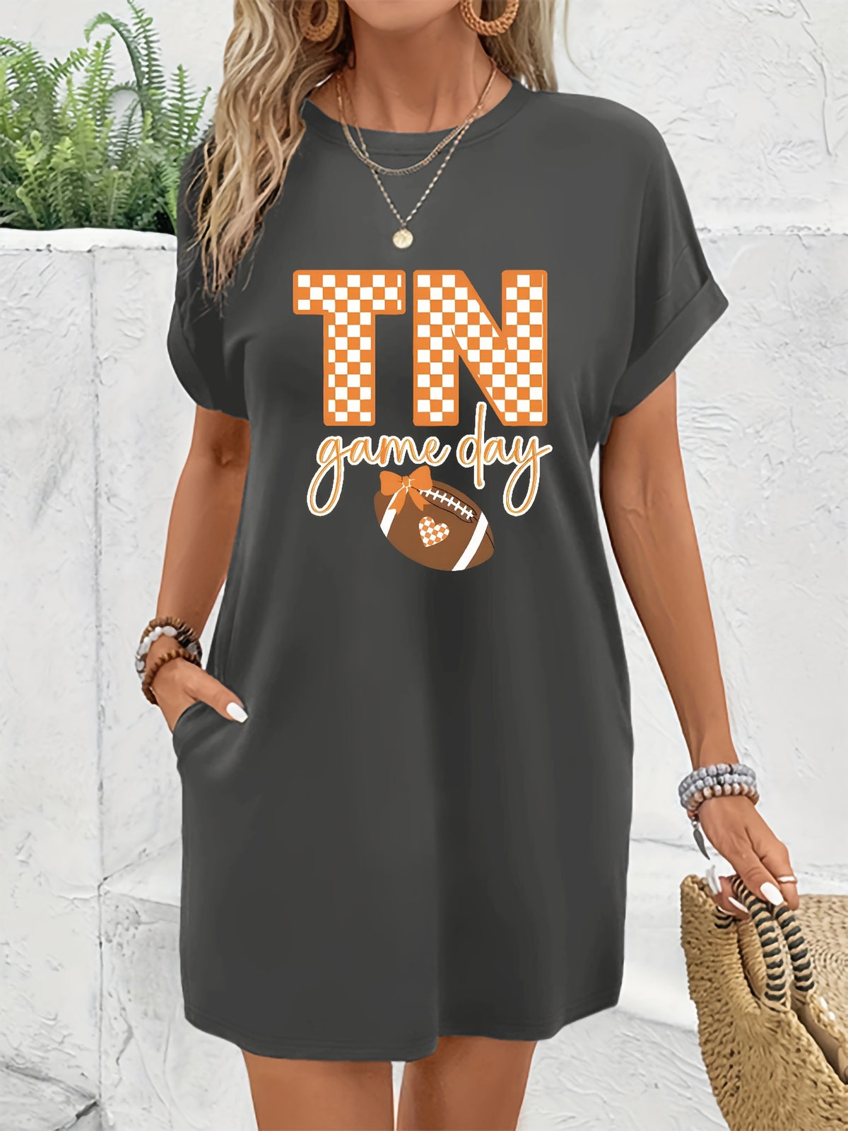 Football Graphic Dress Women Tennessee Checkered Print Short Sleeve Round Neck Loose Casual Knee-Length T-Shirt Dress S M L XL XXL