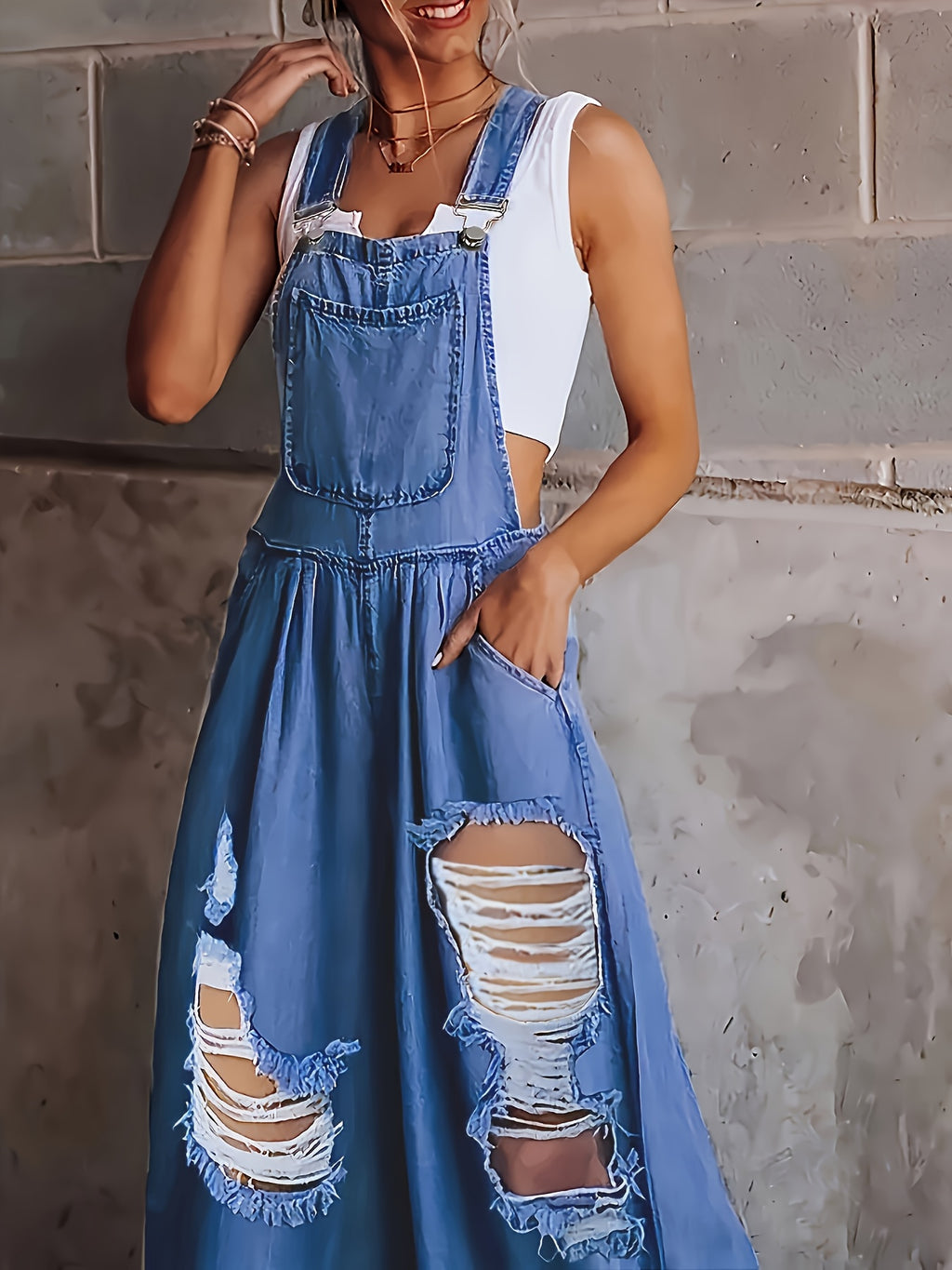 Denim Overalls Women Loose Fit Sleeveless Wide Leg Jumpsuit Dungarees with Side Pockets Casual All Season S-XXL